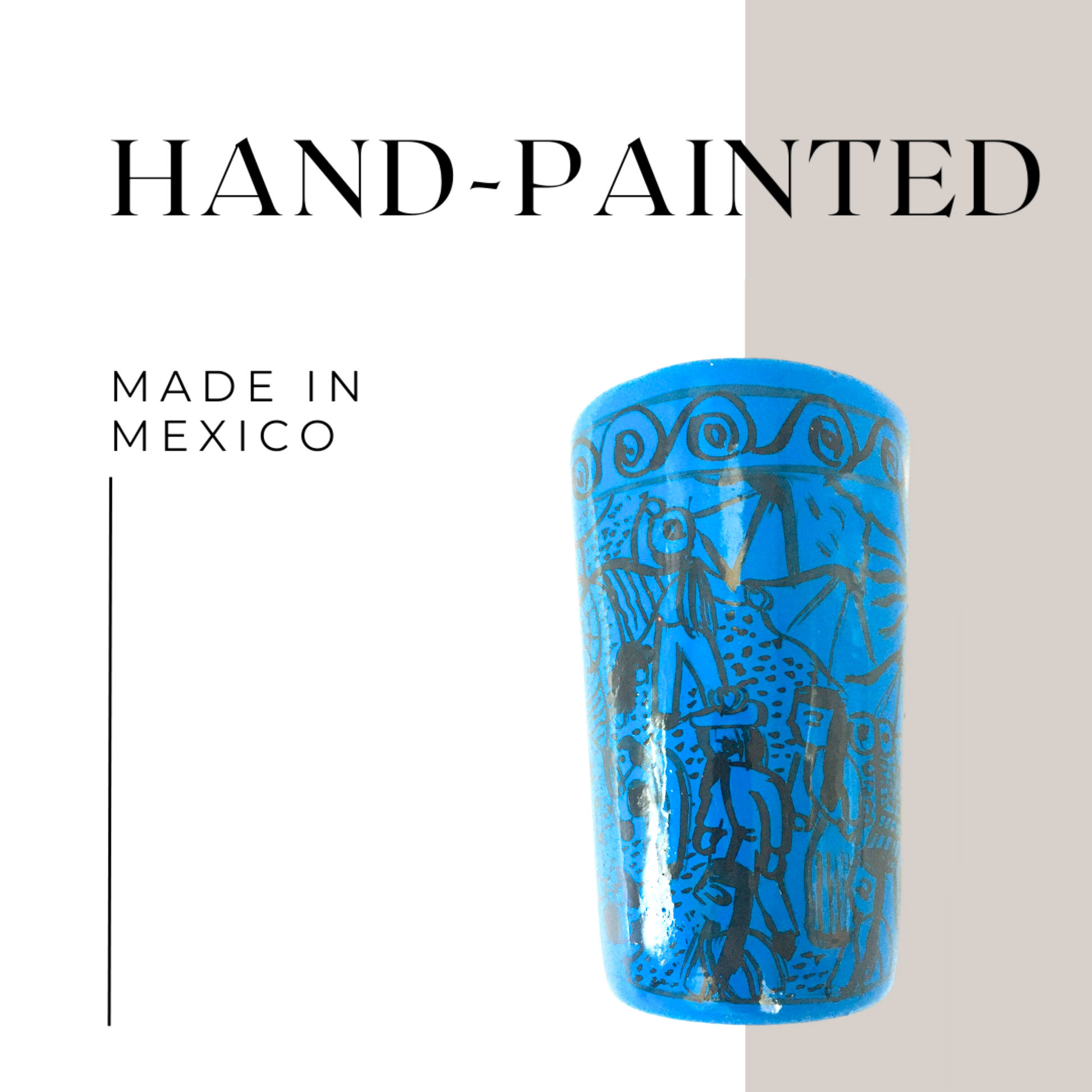 Blue ceramic shot glasses, individually hand-painted in Mexico, perfect for tequila, mezcal, or other spirits, pack of 2.