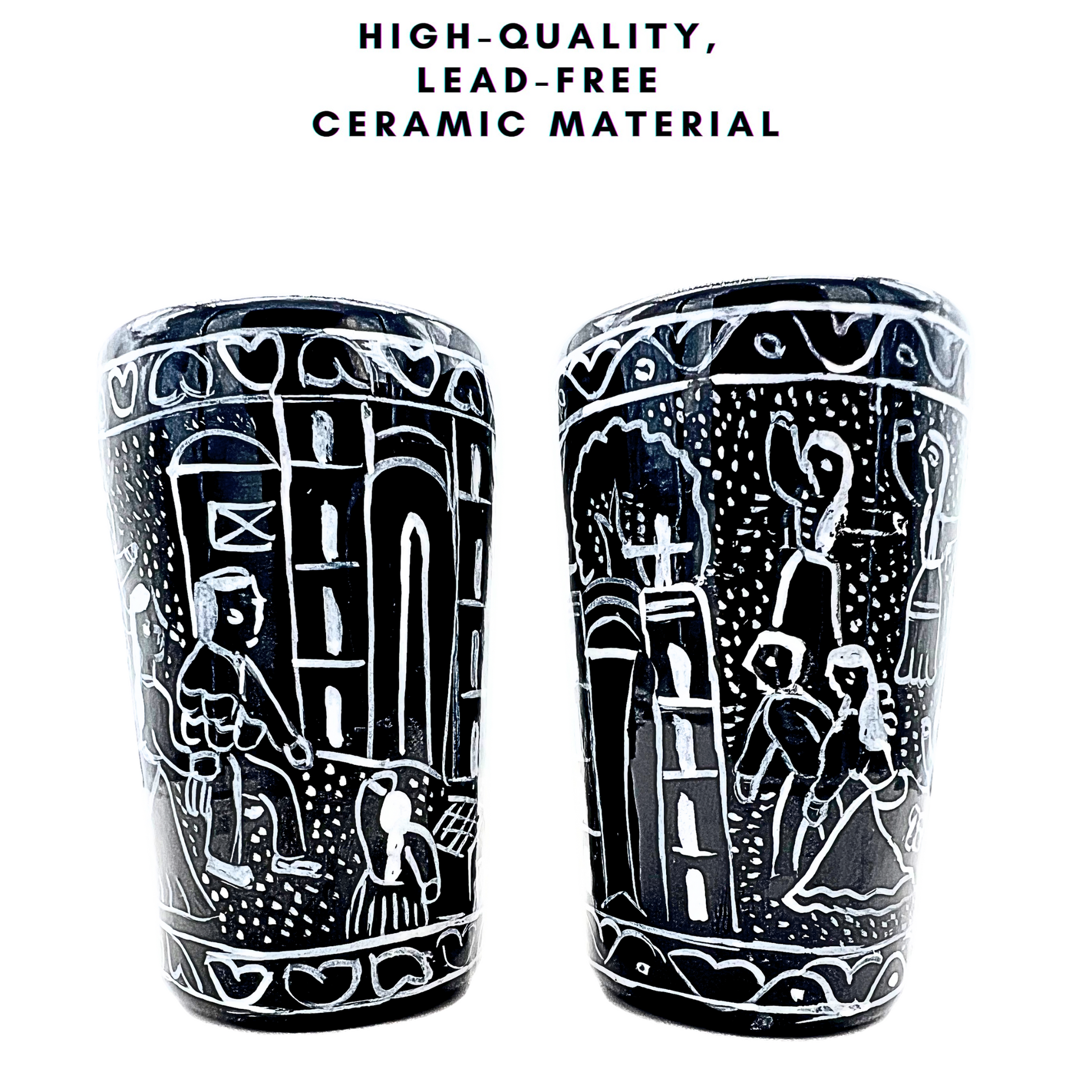Black ceramic shot glasses, individually hand-painted in Mexico, ideal for tequila, mezcal, or other spirits, pack of 2.