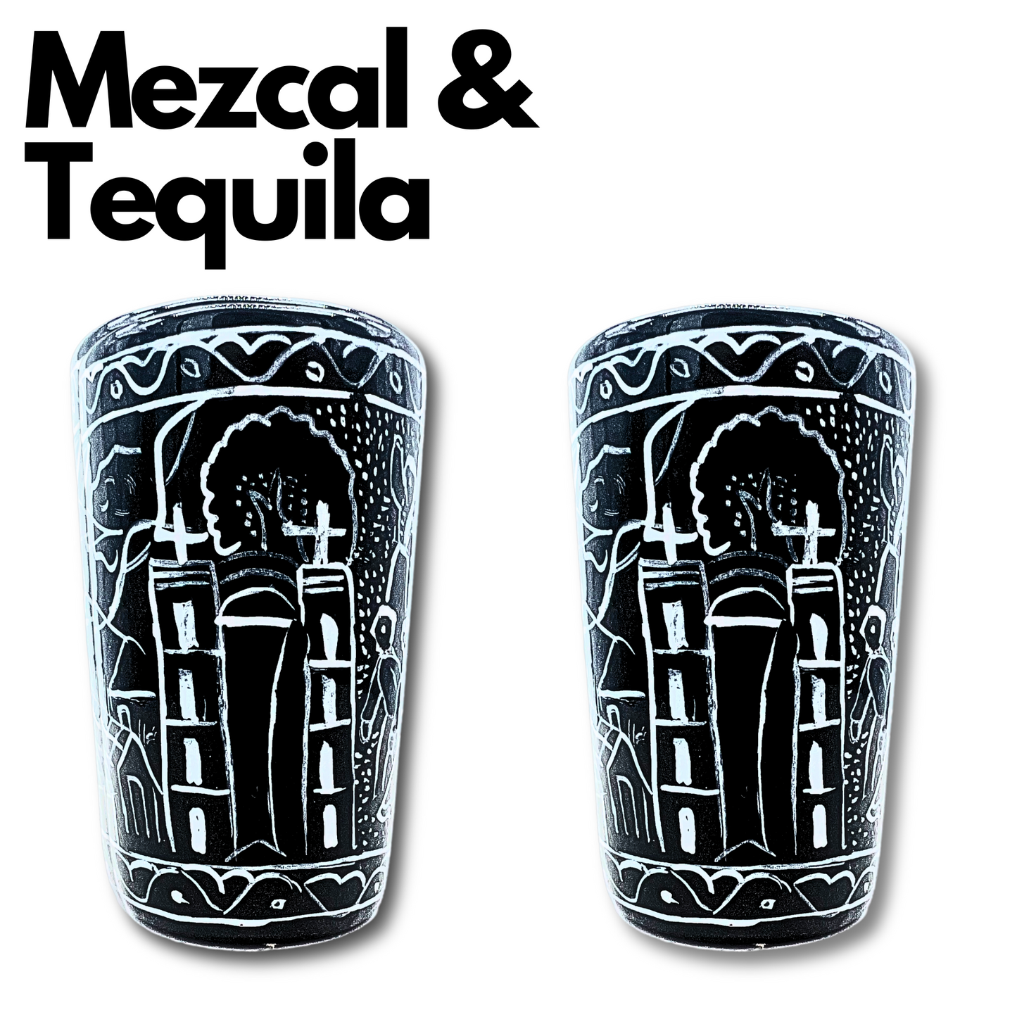 Black ceramic shot glasses, individually hand-painted in Mexico, ideal for tequila, mezcal, or other spirits, pack of 2.