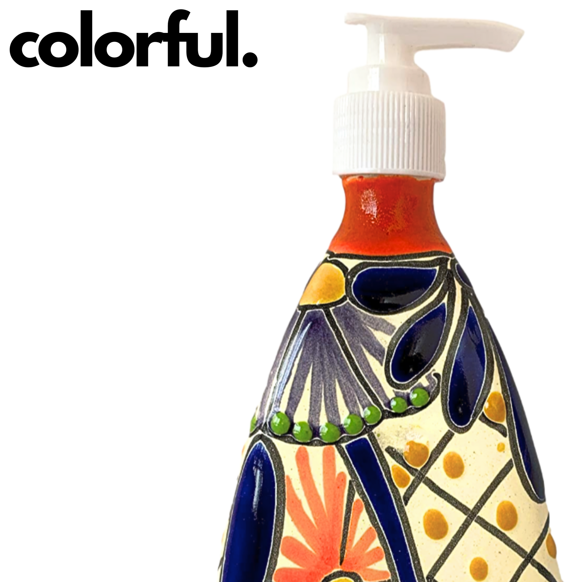 close up of Pyramid-shaped Ceramic Soap Dispenser, hand-painted by Mexican artisans, perfect for adding a vibrant touch to kitchen or bathroom decor.