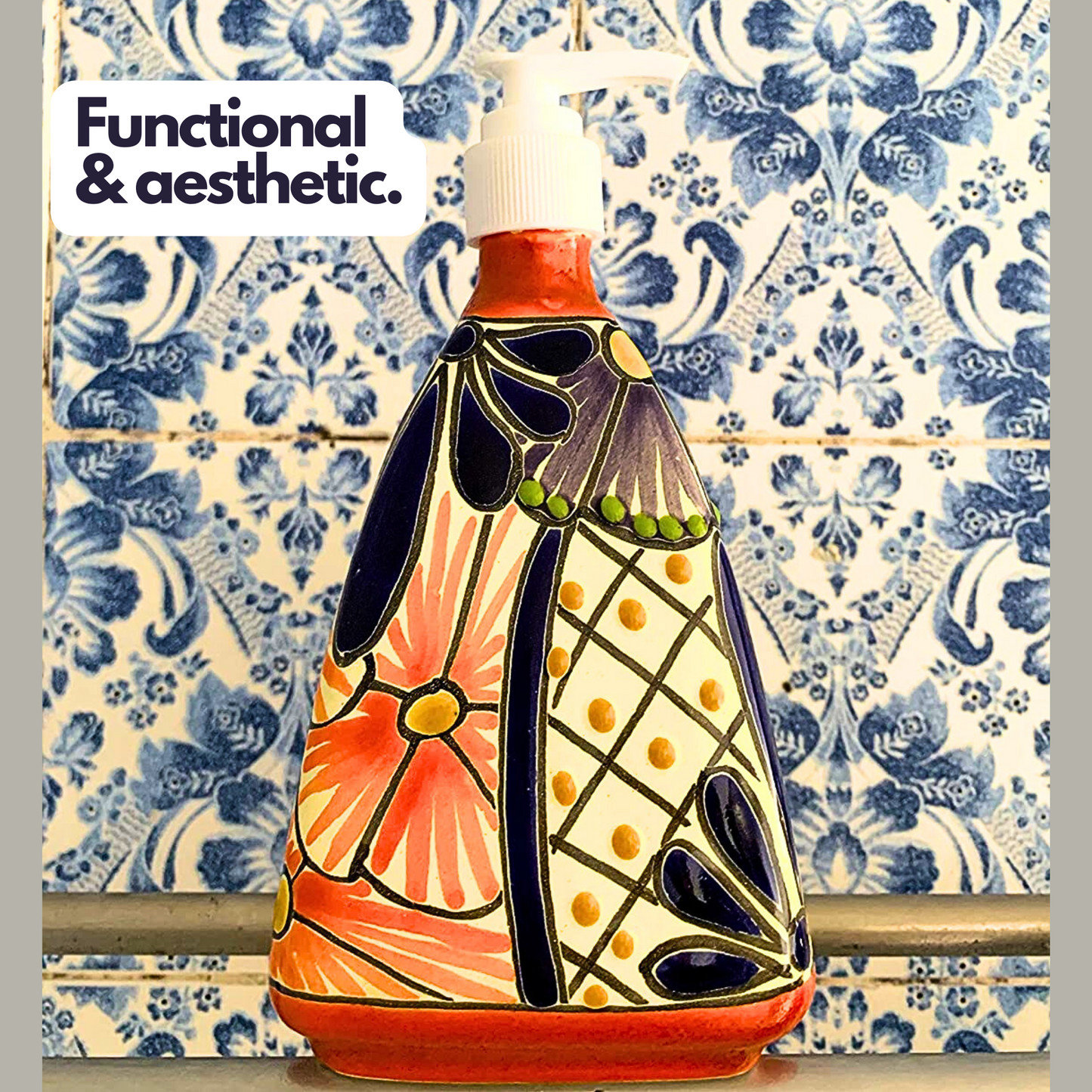 Pyramid-shaped Ceramic Soap Dispenser, hand-painted by Mexican artisans, perfect for adding a vibrant touch to kitchen or bathroom decor. In the bathroom