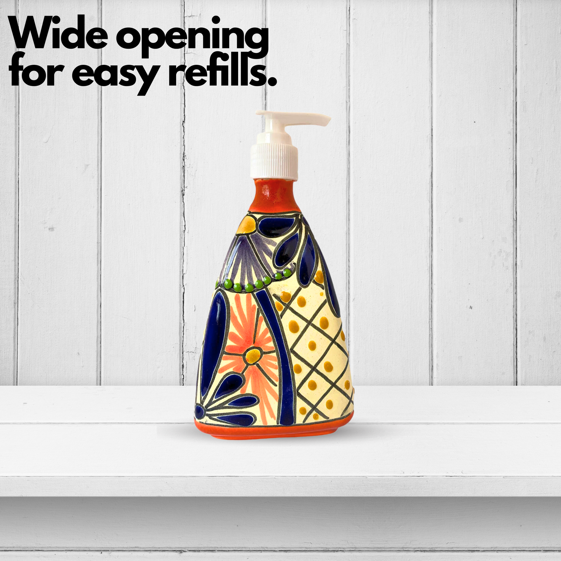 Wide opening for easy refills Pyramid-shaped Ceramic Soap Dispenser, hand-painted by Mexican artisans, perfect for adding a vibrant touch to kitchen or bathroom decor.