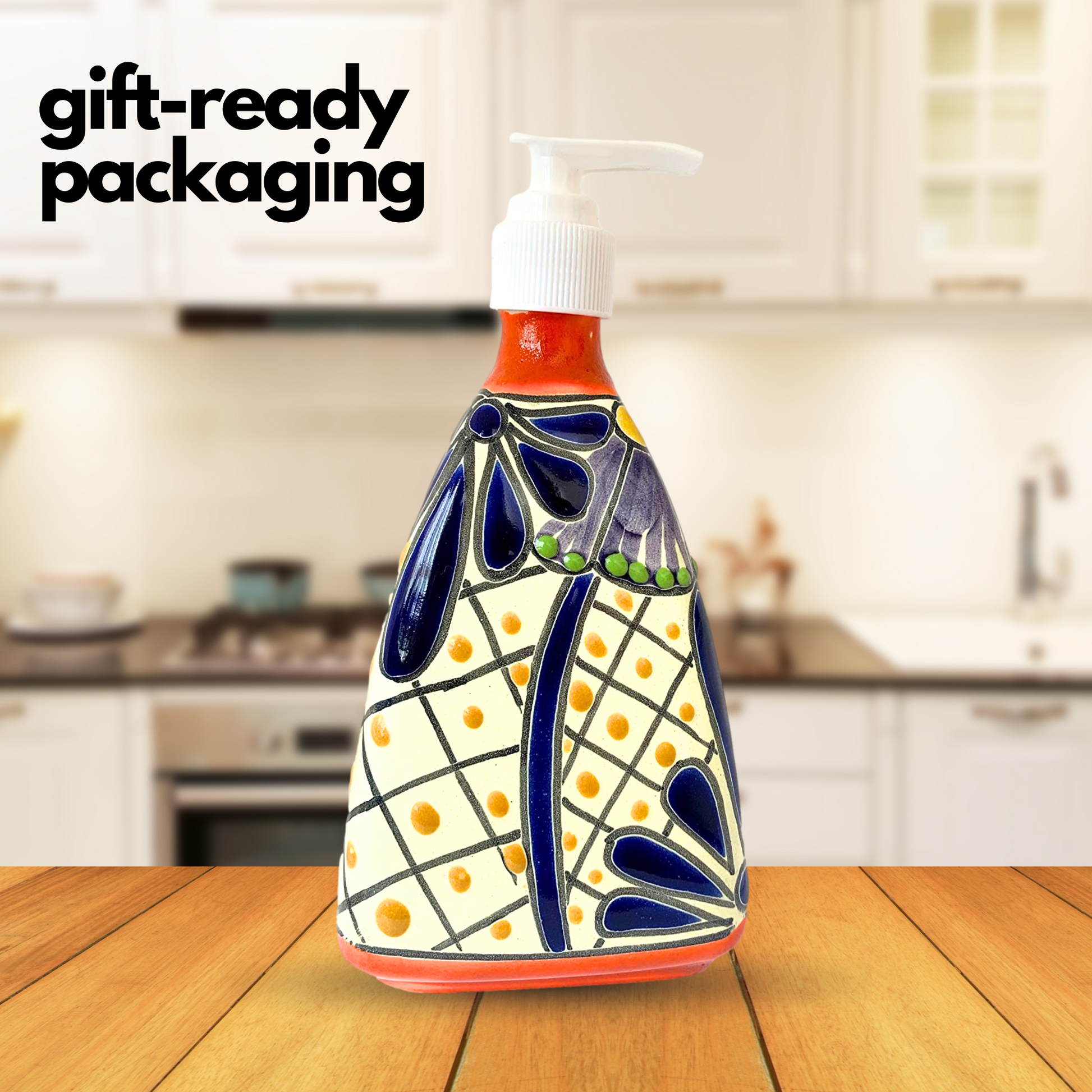Pyramid-shaped Ceramic Soap Dispenser, hand-painted by Mexican artisans, perfect for adding a vibrant touch to kitchen or bathroom decor on the kitchen