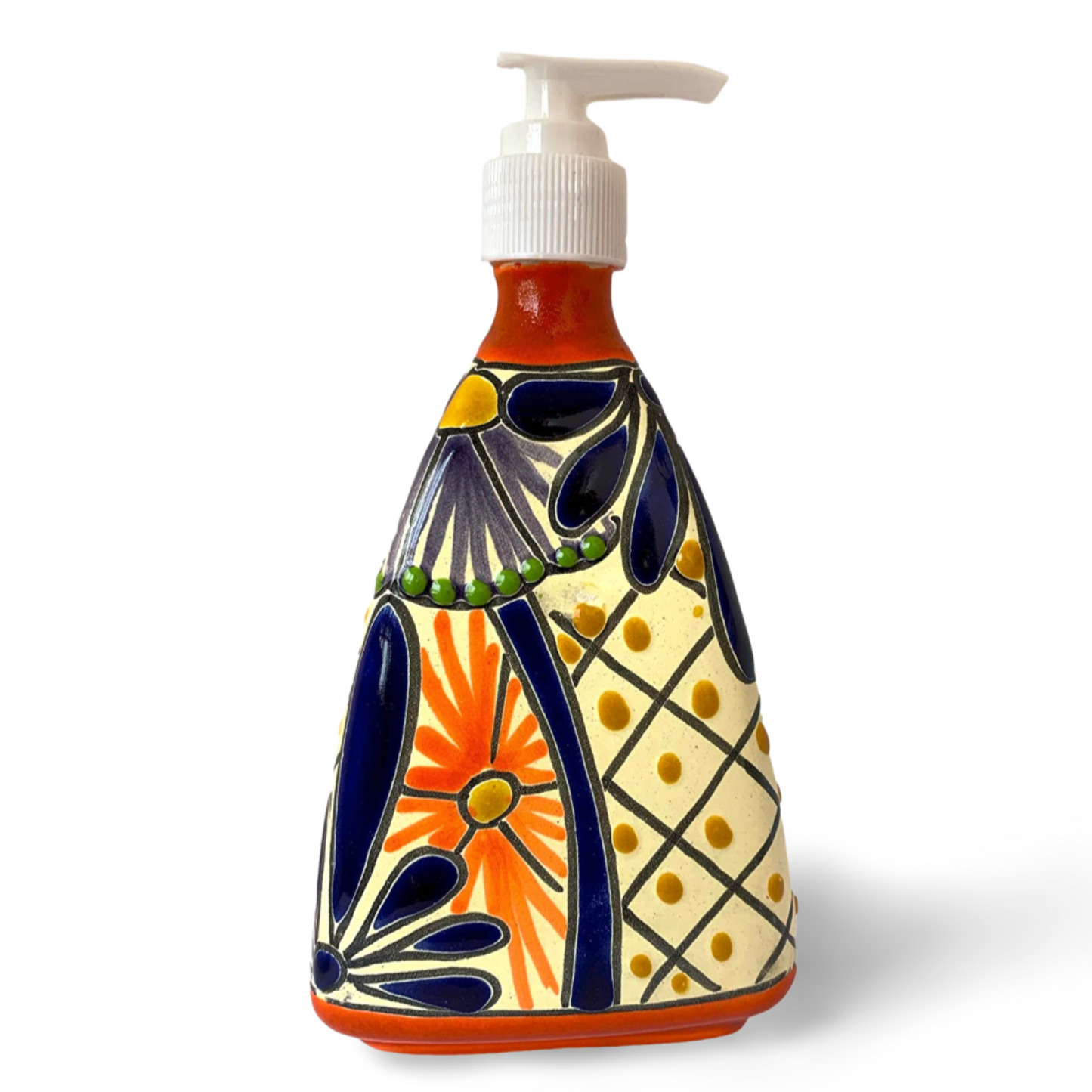 front Pyramid-shaped Ceramic Soap Dispenser, hand-painted by Mexican artisans, perfect for adding a vibrant touch to kitchen or bathroom decor.