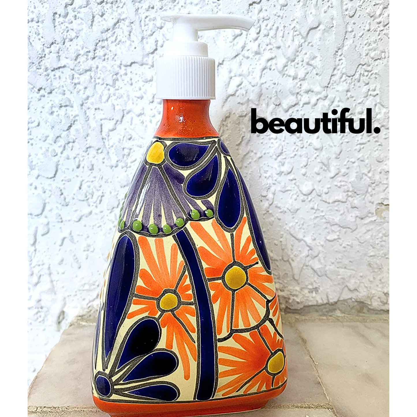 other side of Pyramid-shaped Ceramic Soap Dispenser, hand-painted by Mexican artisans, perfect for adding a vibrant touch to kitchen or bathroom decor.