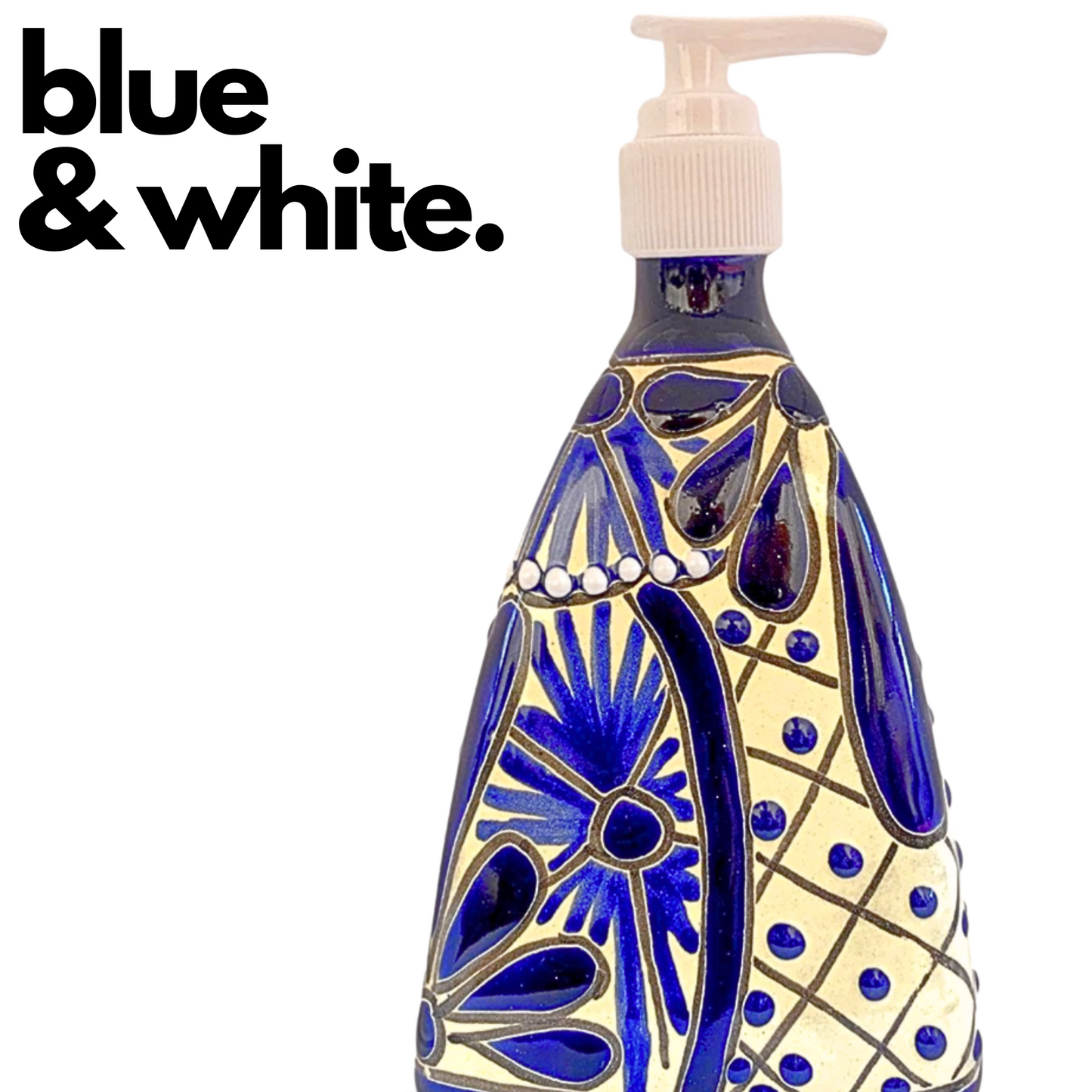 An eye-catching, hand-painted, Refillable Ceramic Soap Dispenser, skillfully crafted in Mexico. Perfect for adding a vibrant touch to any kitchen or bathroom. blue and white close up