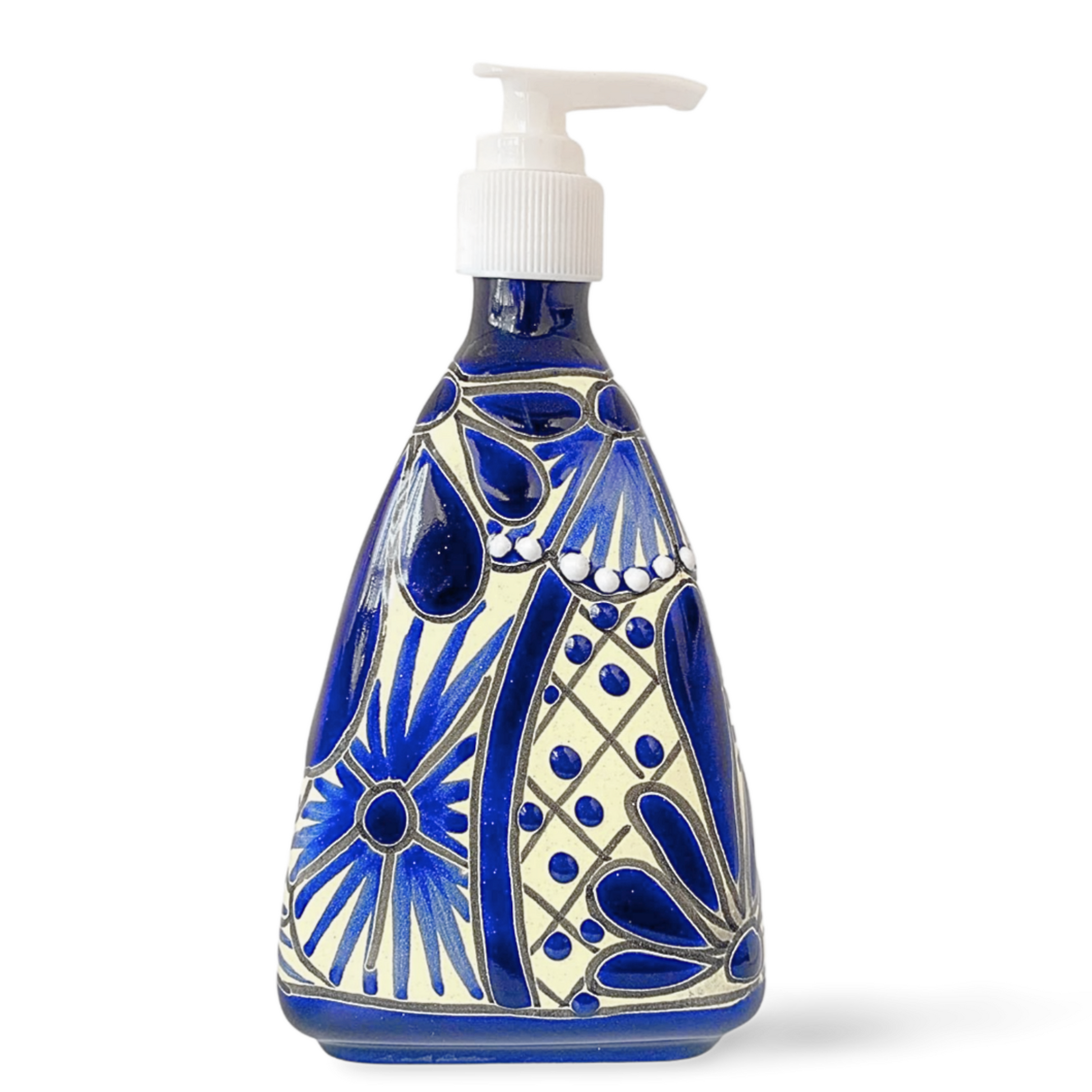 front view An eye-catching, hand-painted, Refillable Ceramic Soap Dispenser, skillfully crafted in Mexico. Perfect for adding a vibrant touch to any kitchen or bathroom.