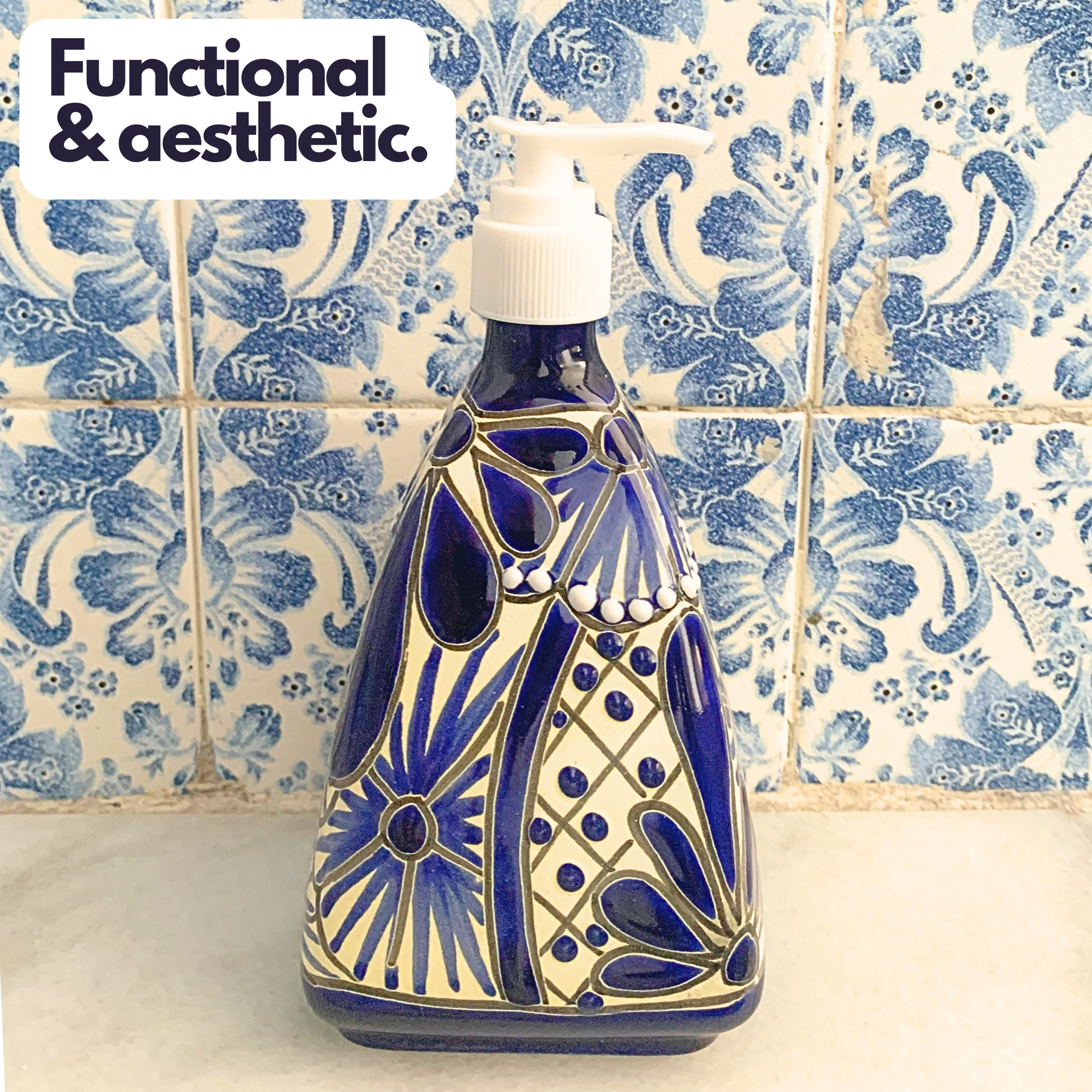 An eye-catching, hand-painted, Refillable Ceramic Soap Dispenser, skillfully crafted in Mexico. Perfect for adding a vibrant touch to any kitchen or bathroom placed on a sink