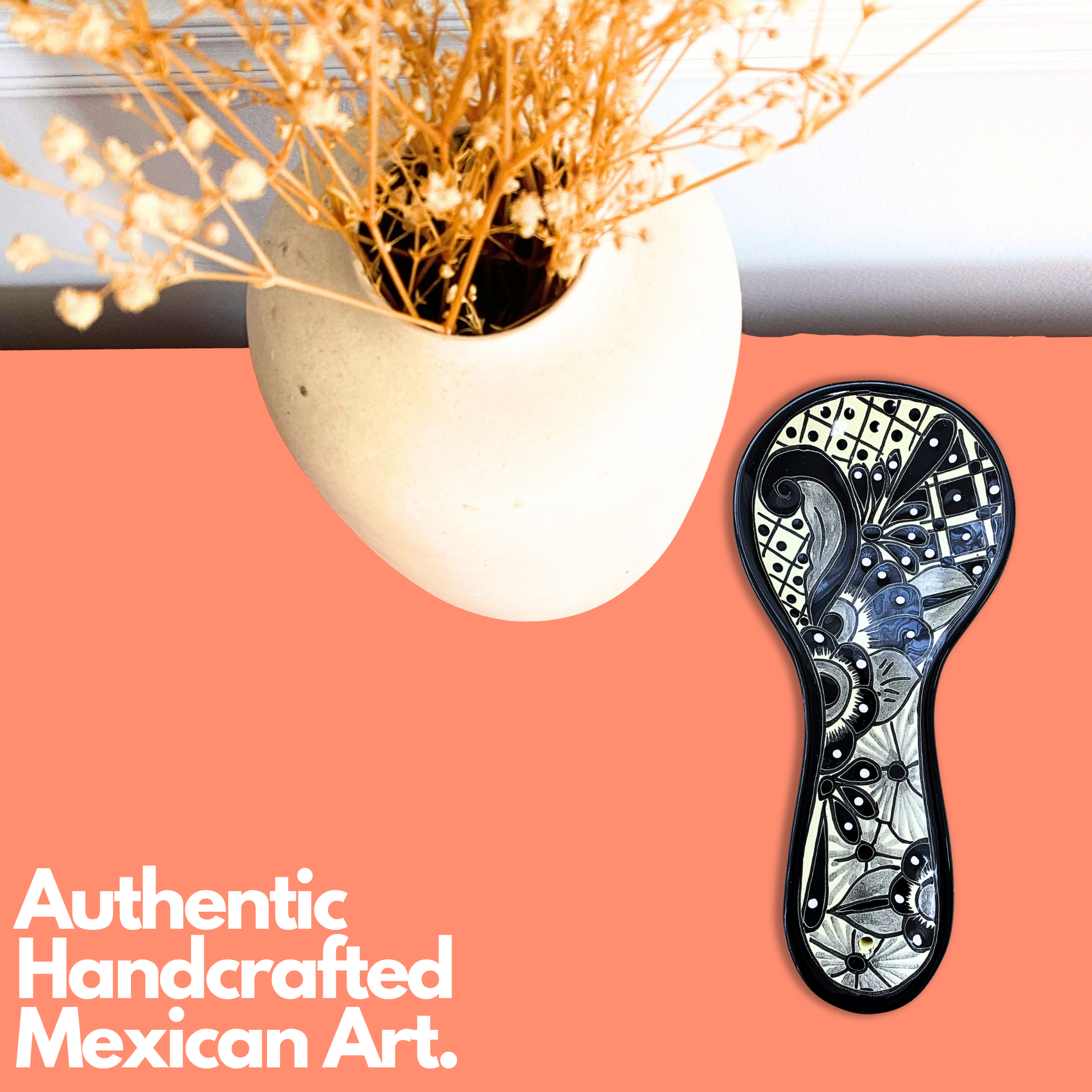 Hand Painted Talavera Ceramic Spoon Rest, a Black and White Floral Blanco/Negro design for kitchen décor, made by Mexican artisans.
