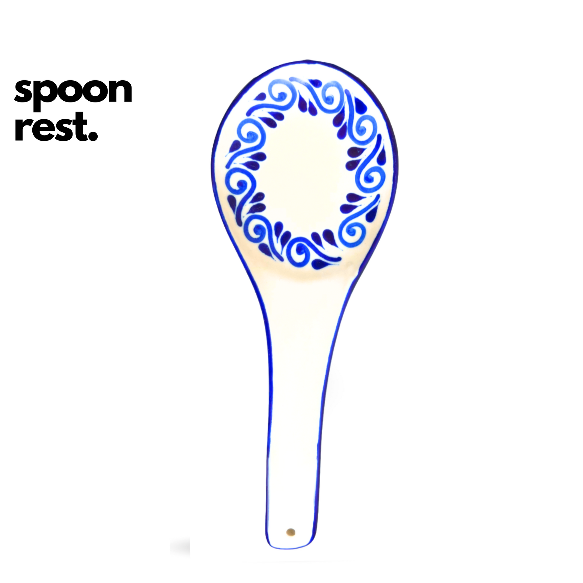 Hand-painted Talavera ceramic spoon rest, measuring 11" by 4" and 1" deep, perfect for holding kitchen utensils.
