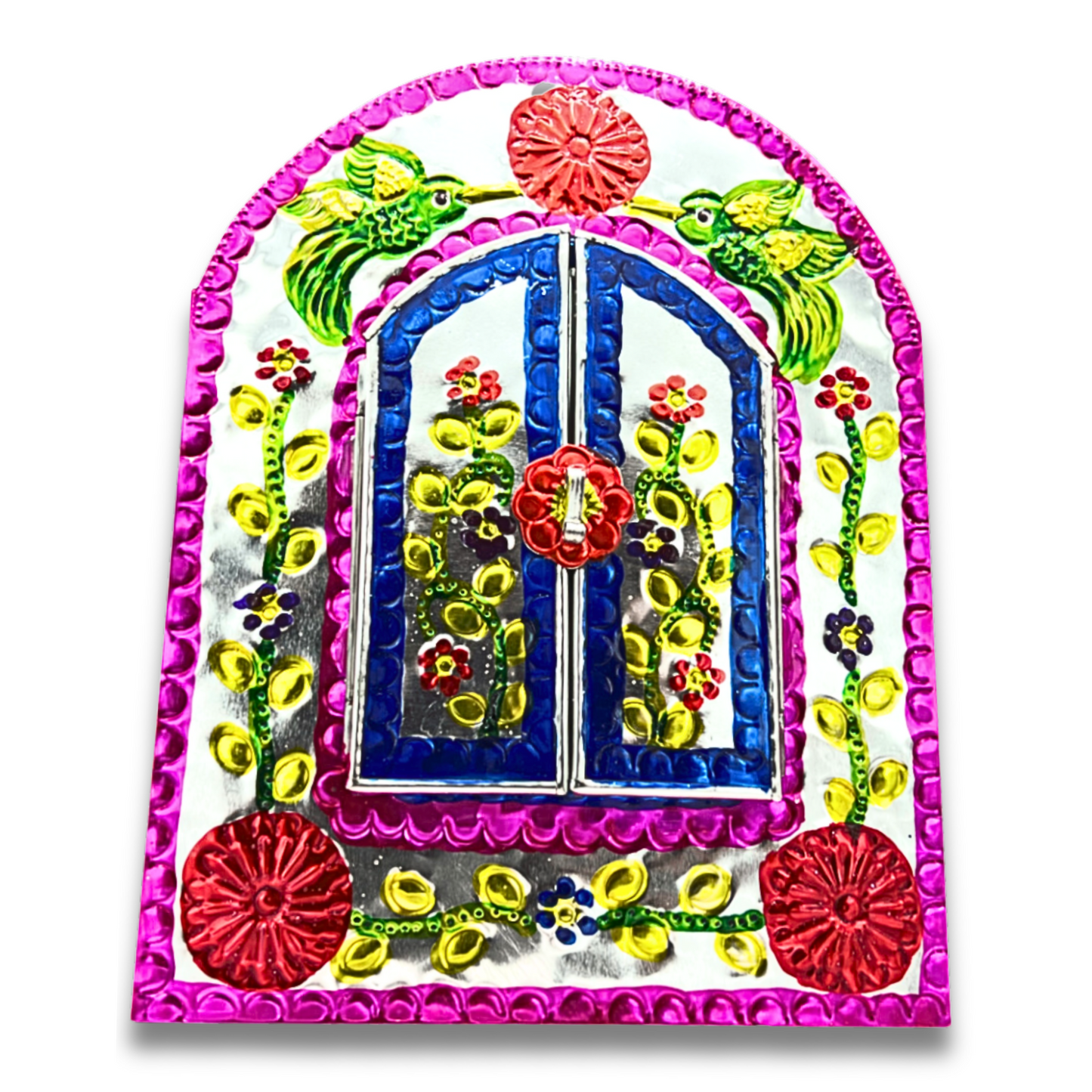 front of Handcrafted Embossed Tin Mirror, authentic Mexican folk art, perfect to add elegance and charm to any room.