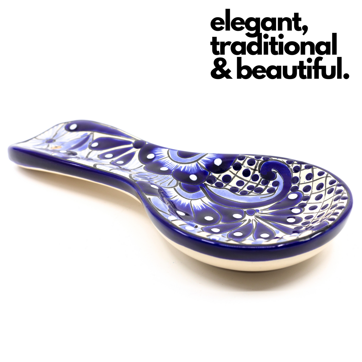Blue and white Talavera-style ceramic spoon rest, hand-painted in Mexico — side view showing the deep spoon well