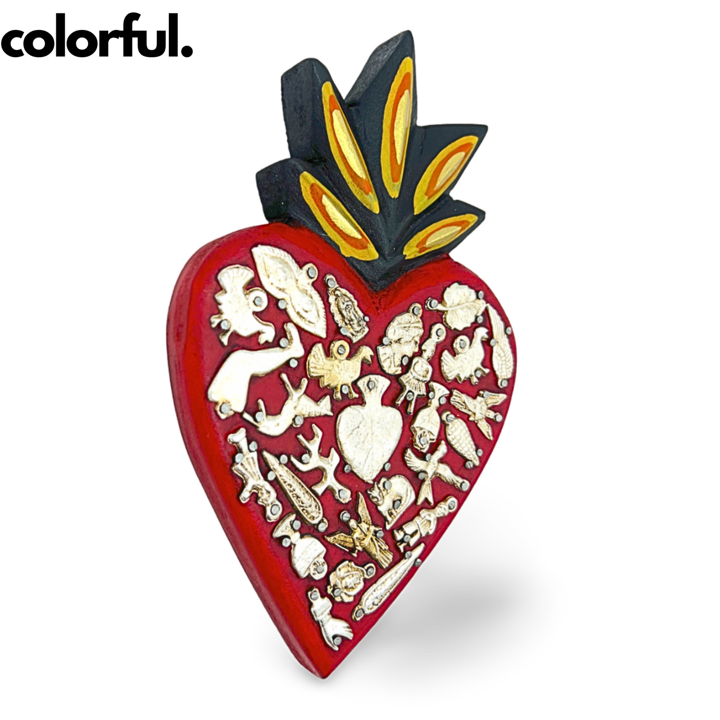 colorful Casa Fiesta Designs' Ex Voto Sacred Heart - Handcrafted and Hand-painted Mexican Milagros Wall Decor.