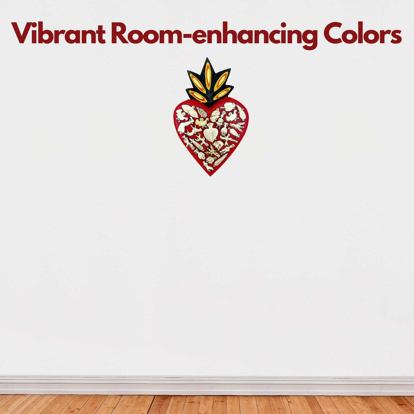 vibrant room enhancing colors Casa Fiesta Designs' Ex Voto Sacred Heart - Handcrafted and Hand-painted Mexican Milagros Wall Decor.