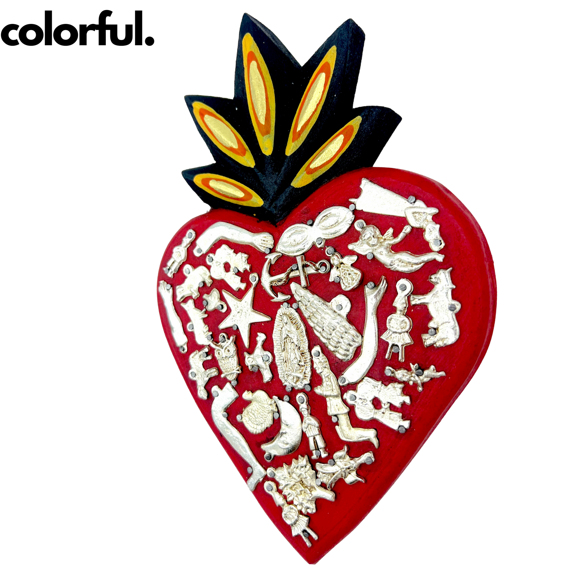 colorful Ex Voto Wooden Sacred Heart, hand-painted by Mexican artisans, featuring colorful milagros, perfect for wall decor and enhancing your space.