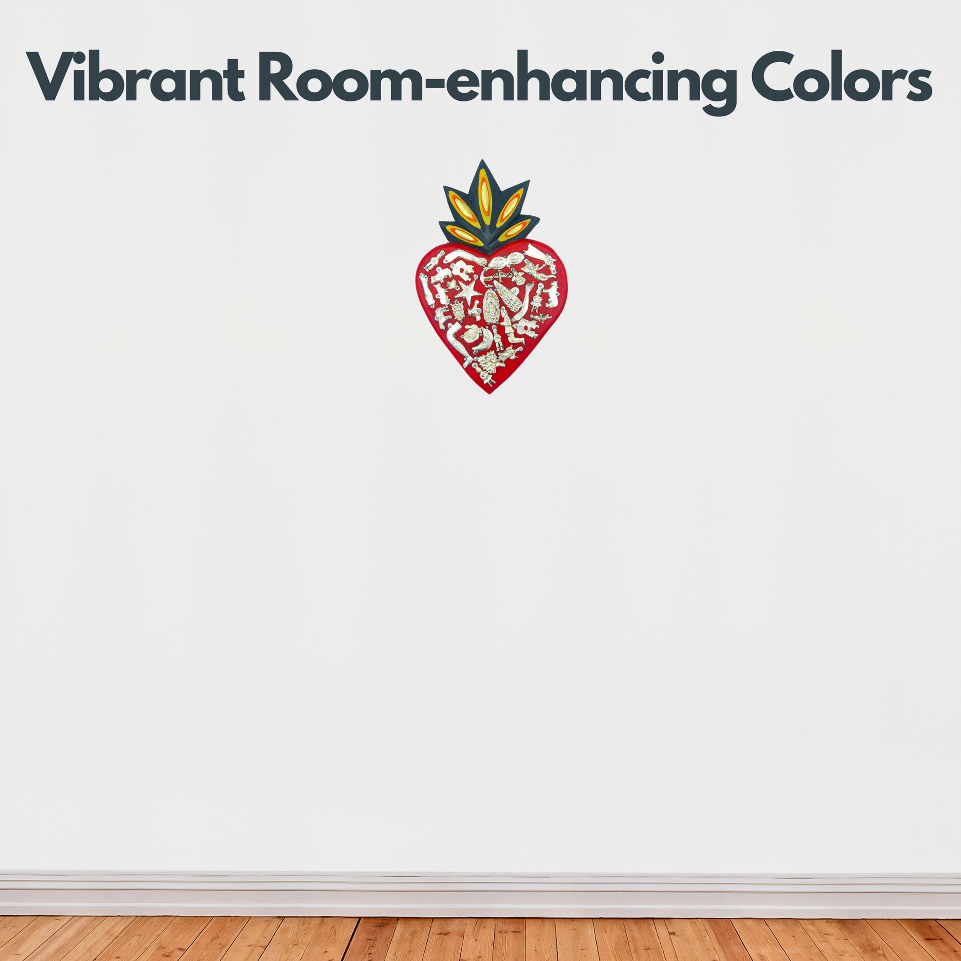 vibrant room-enhancing colors Ex Voto Wooden Sacred Heart, hand-painted by Mexican artisans, featuring colorful milagros, perfect for wall decor and enhancing your space.
