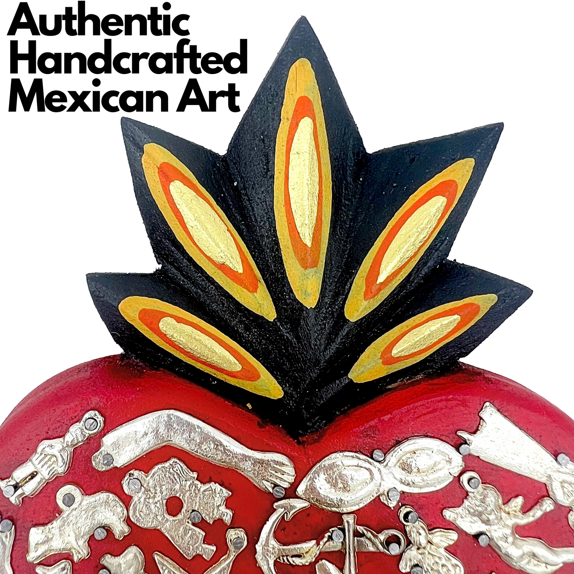 authentic handcrafted mexicn art Ex Voto Wooden Sacred Heart, hand-painted by Mexican artisans, featuring colorful milagros, perfect for wall decor and enhancing your space.