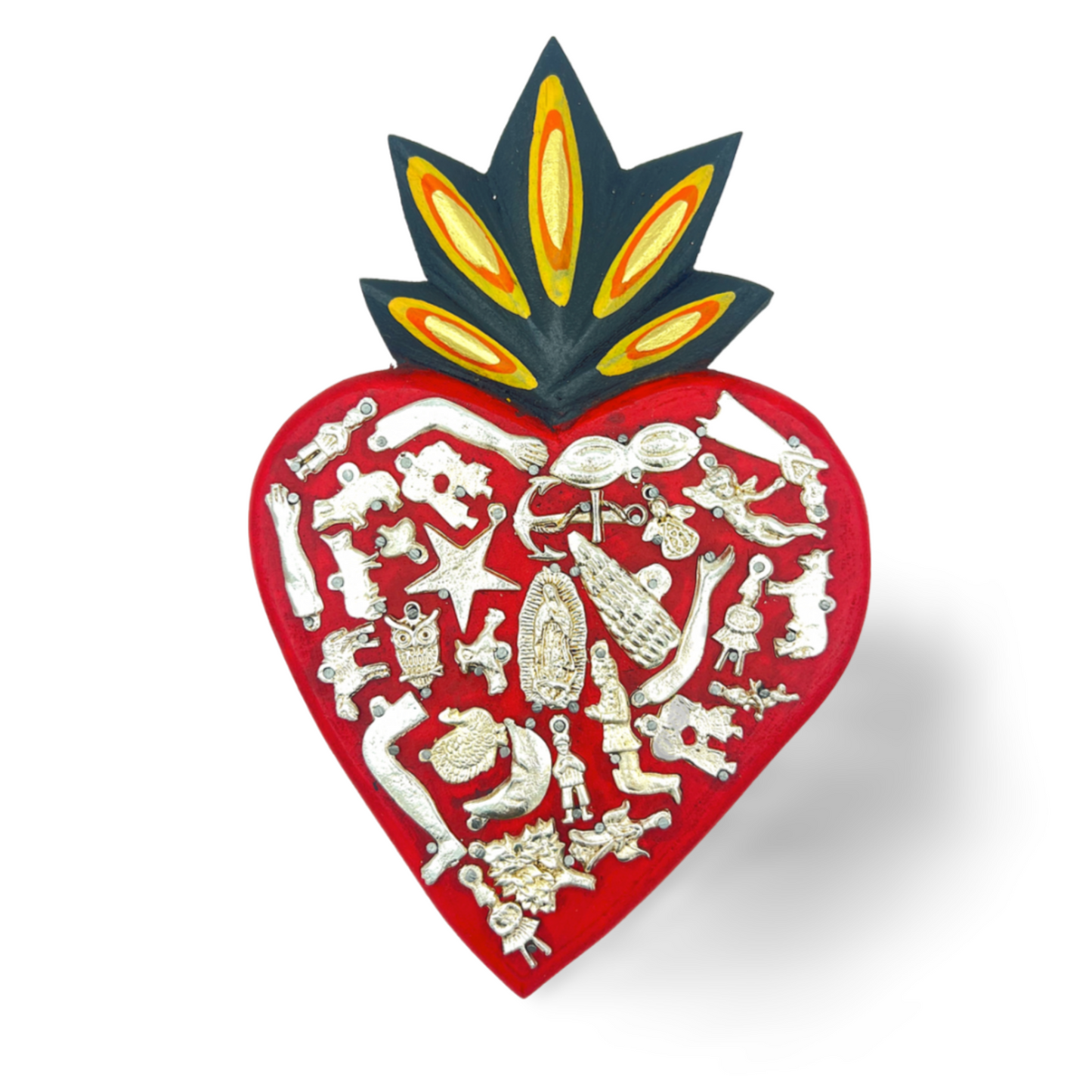 main image Ex Voto Wooden Sacred Heart, hand-painted by Mexican artisans, featuring colorful milagros, perfect for wall decor and enhancing your space.
