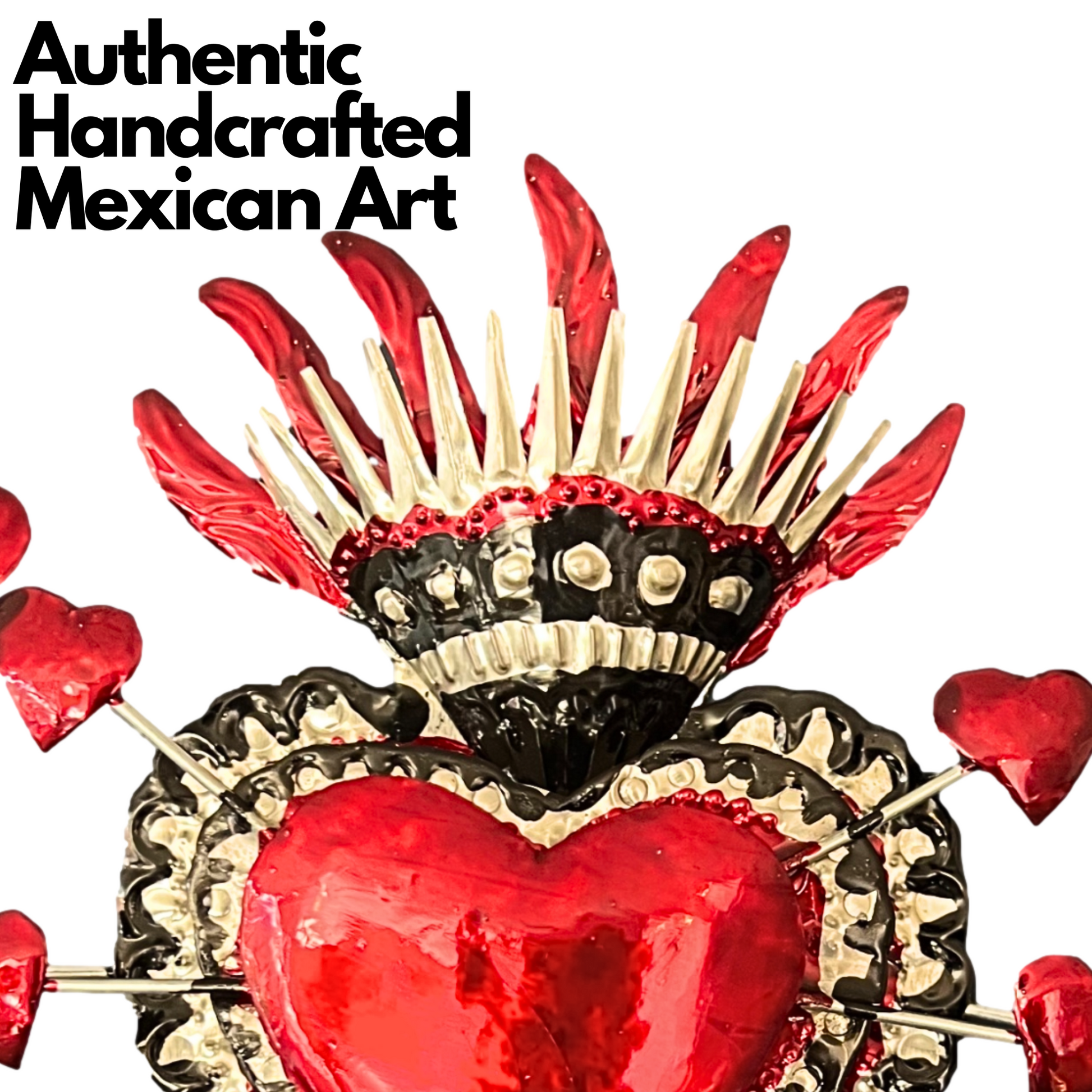 Handmade embossed tin Heart Milagro, painted in vibrant colors, an authentic piece of Mexican folk art, 11.5 inches tall, 10 inches wide.