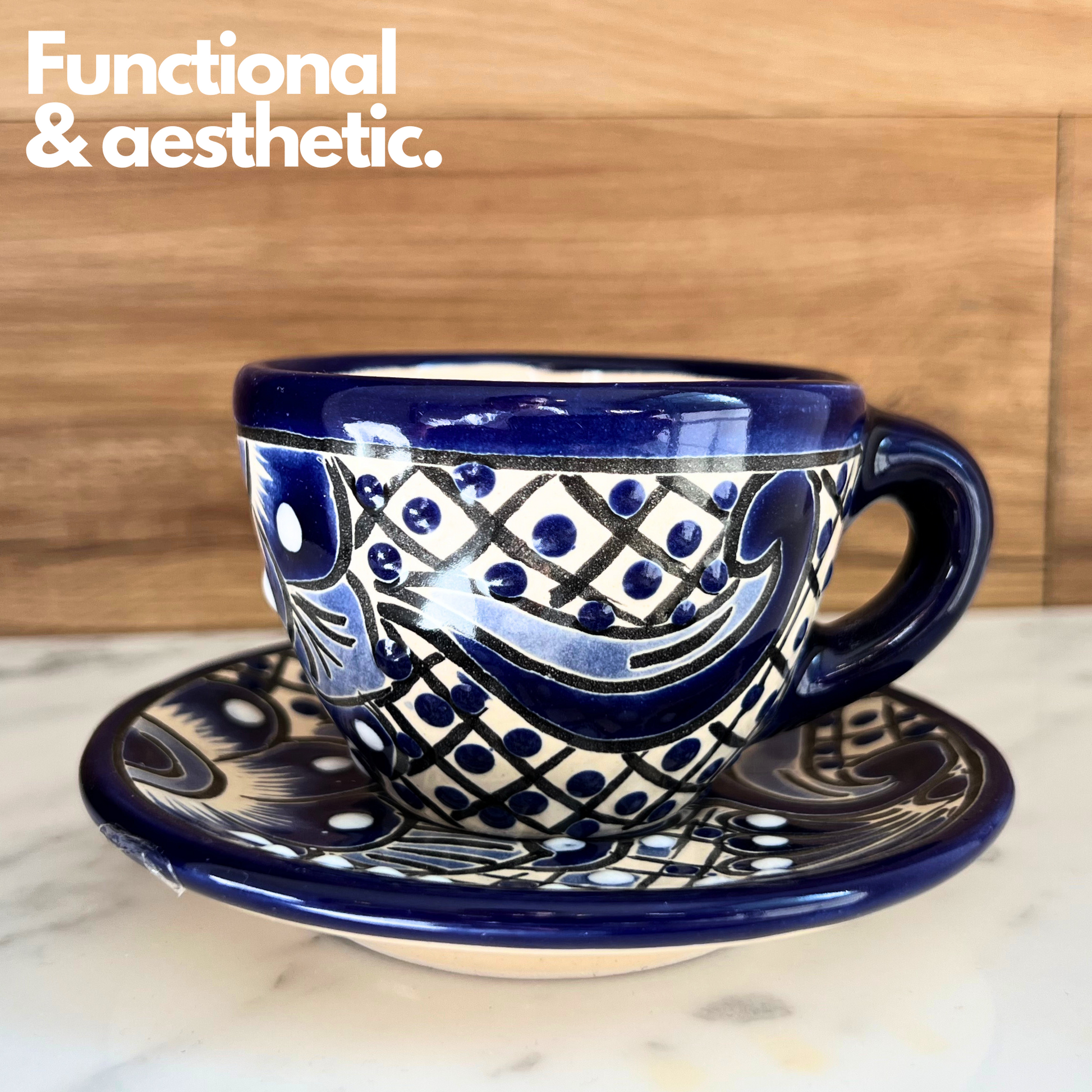blue and white mexican espresso cup and saucer 