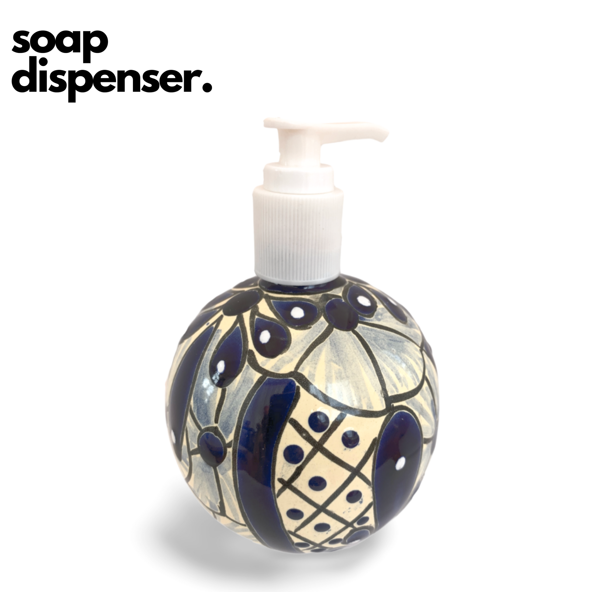 A spherical soap dispenser, hand-painted in blue and white Talavera design, adding a vibrant touch to any kitchen or bathroom.