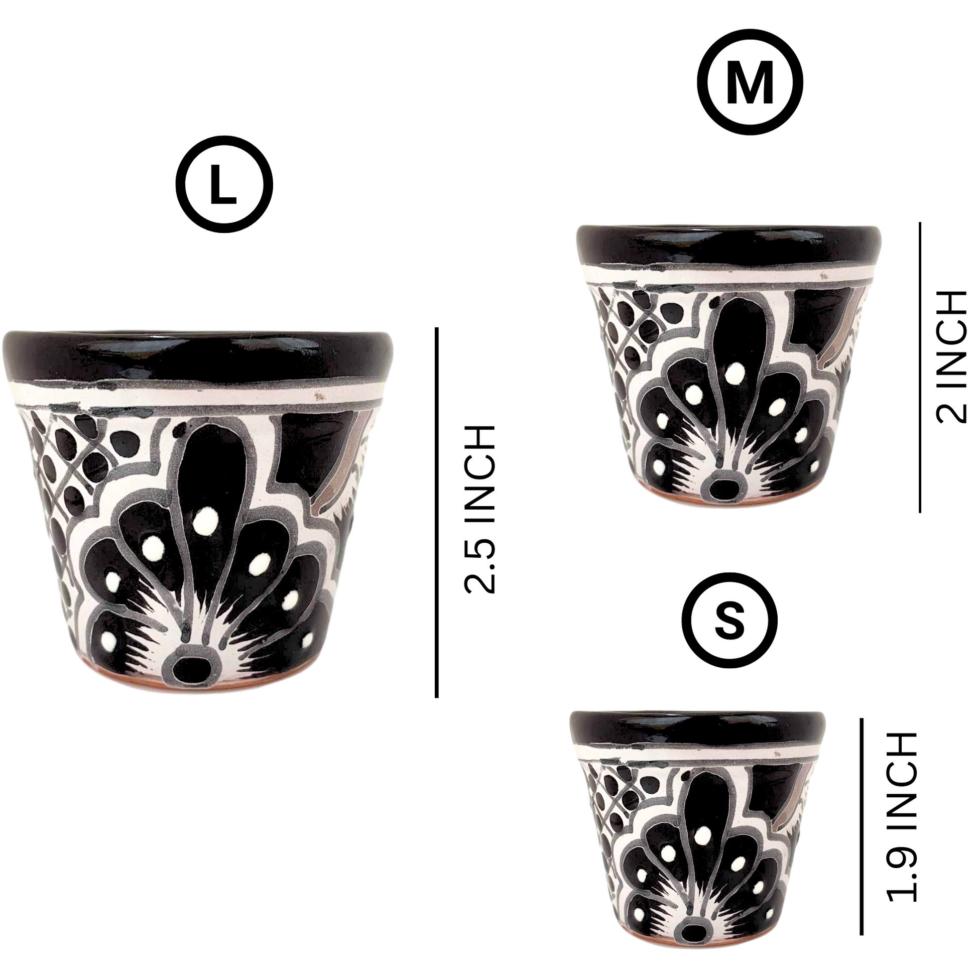sizes of Black and WhiteTalavera Ceramic Succulent Plant Pots - Hand-Painted Mexican Artistry by Casa Fiesta Designs.