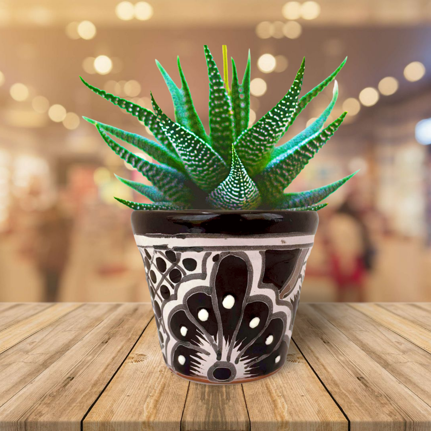Black and WhiteTalavera Ceramic Succulent Plant Pots - Hand-Painted Mexican Artistry by Casa Fiesta Designs on a table