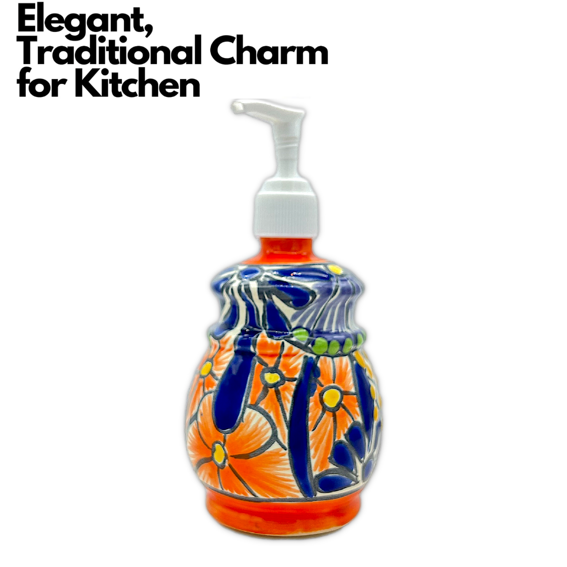 elegant traditional charm for kitchen A multicolored, bell design, hand-painted Talavera ceramic soap dispenser sourced from skilled Mexican artisans.