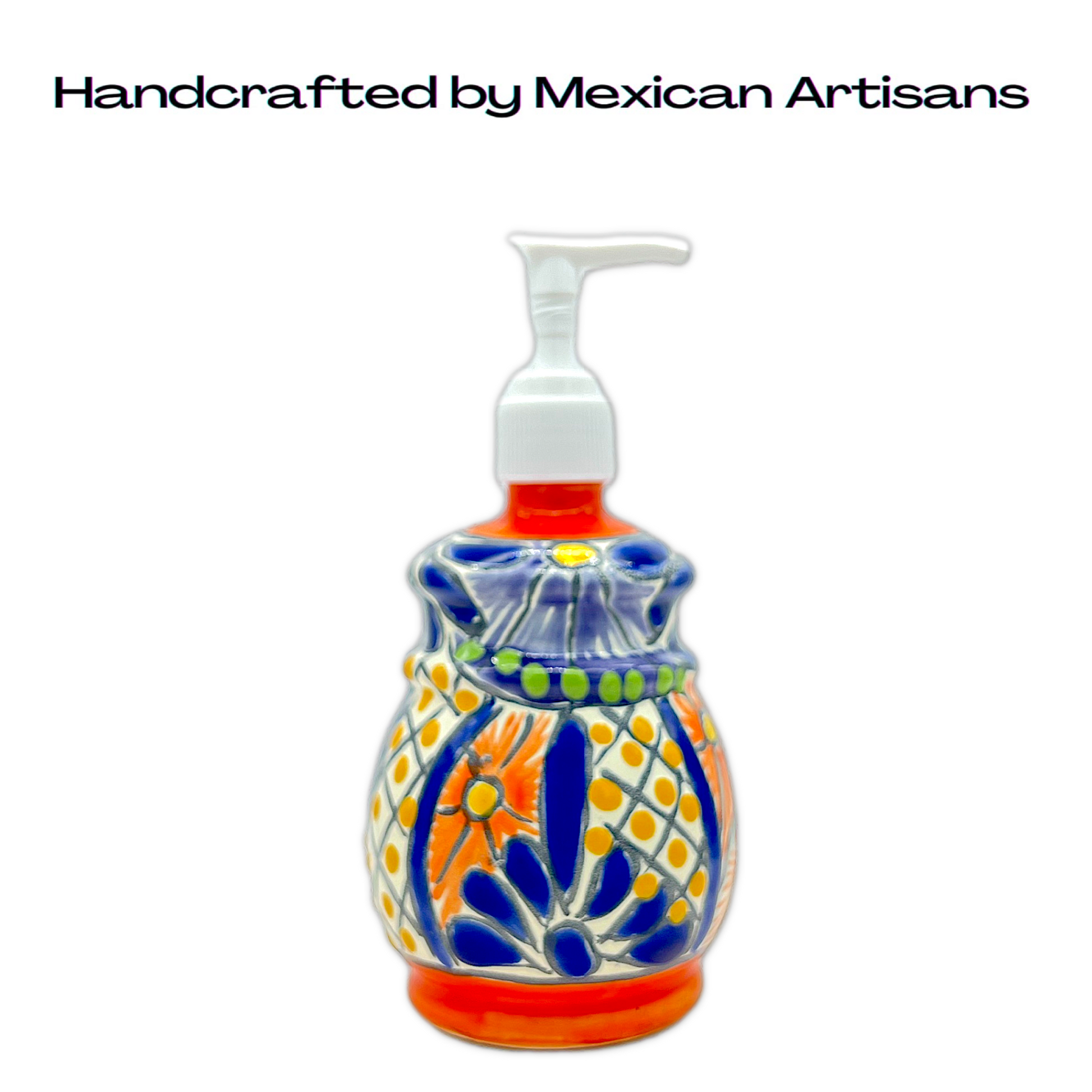 handcrafted by mexican artisans A multicolored, bell design, hand-painted Talavera ceramic soap dispenser sourced from skilled Mexican artisans.