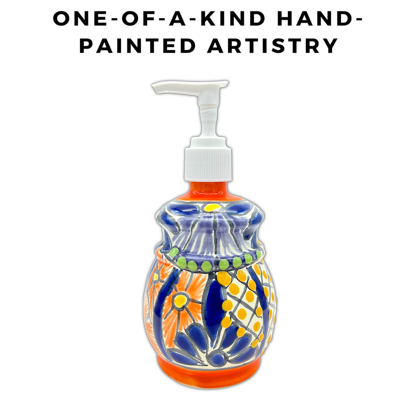 one of a kind A multicolored, bell design, hand-painted Talavera ceramic soap dispenser sourced from skilled Mexican artisans.