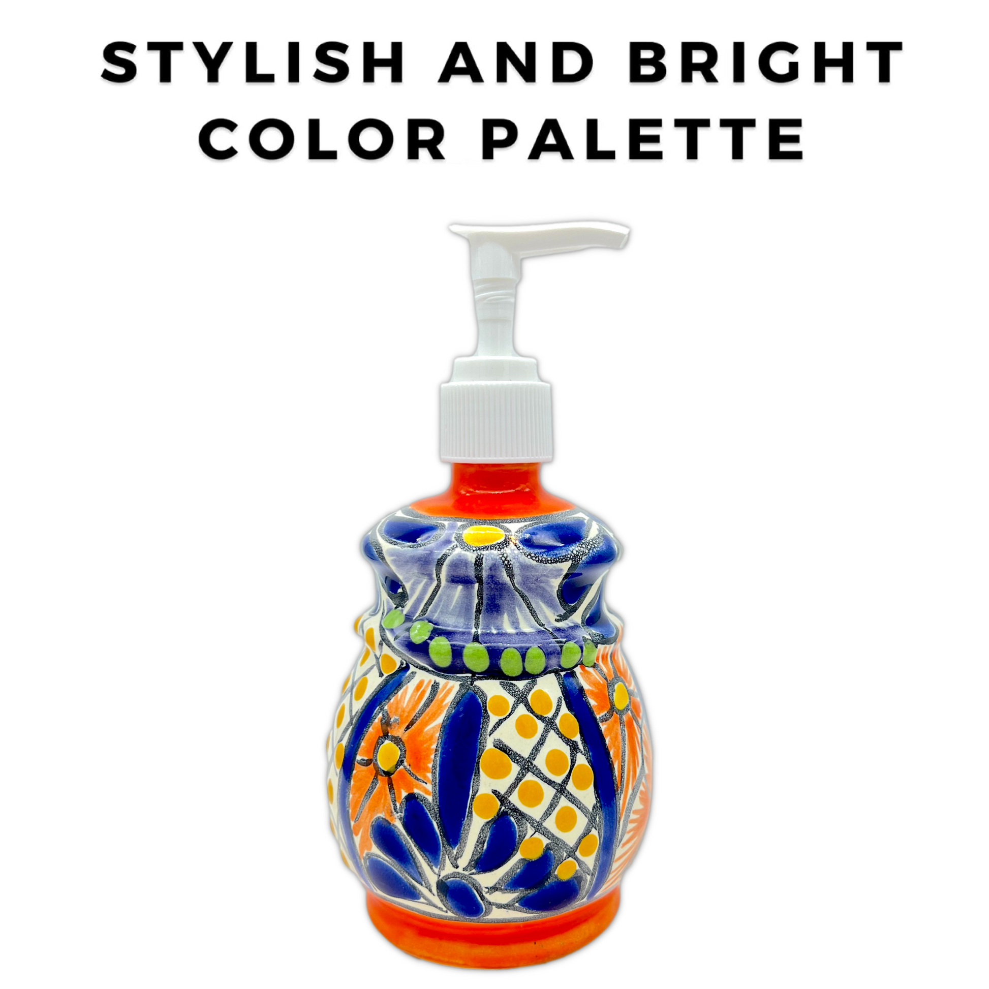 stylish color palette A multicolored, bell design, hand-painted Talavera ceramic soap dispenser sourced from skilled Mexican artisans.