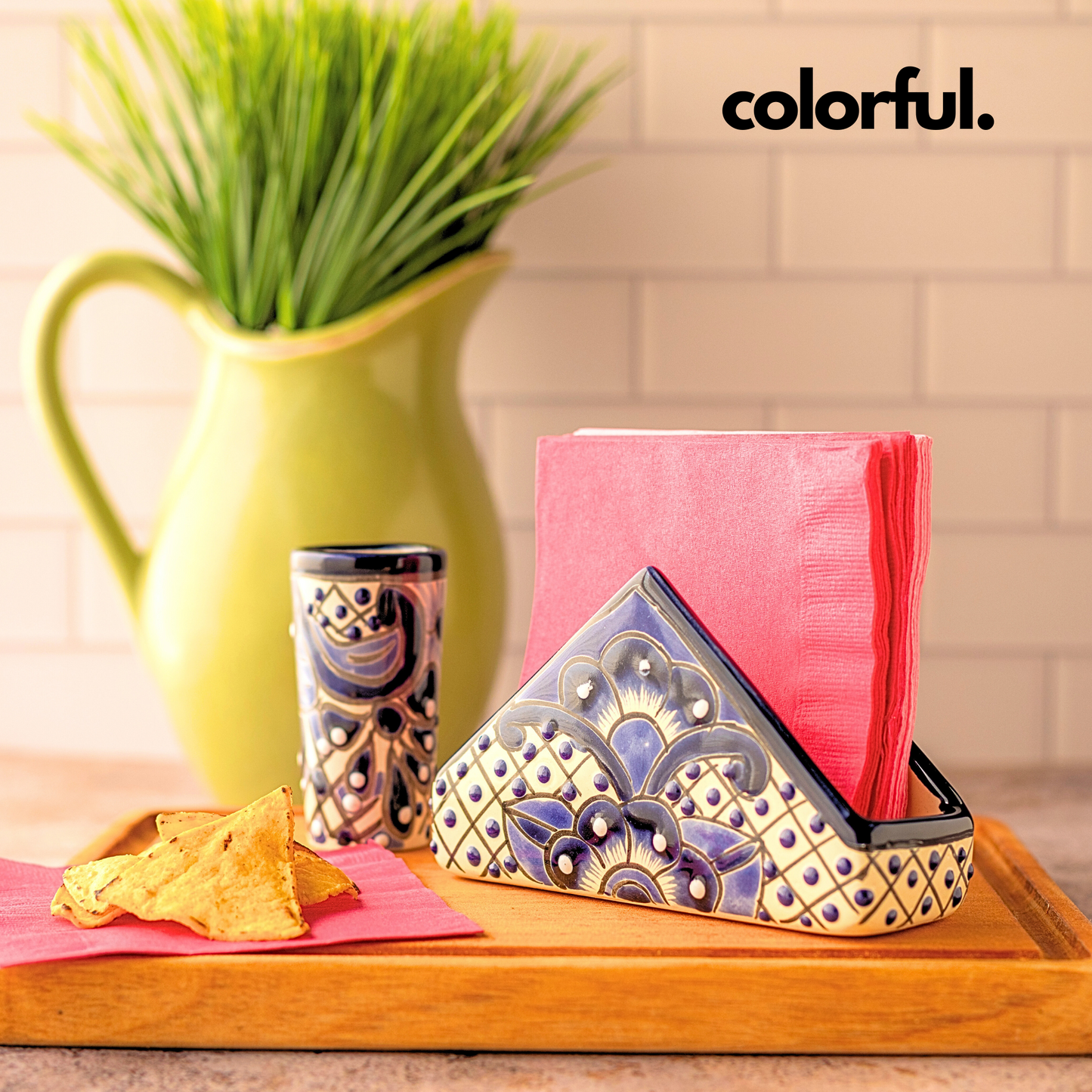 A vibrant, handmade Talavera ceramic napkin holder hand-painted by Mexico's finest artisans, perfect for any kitchen or dining table setting.