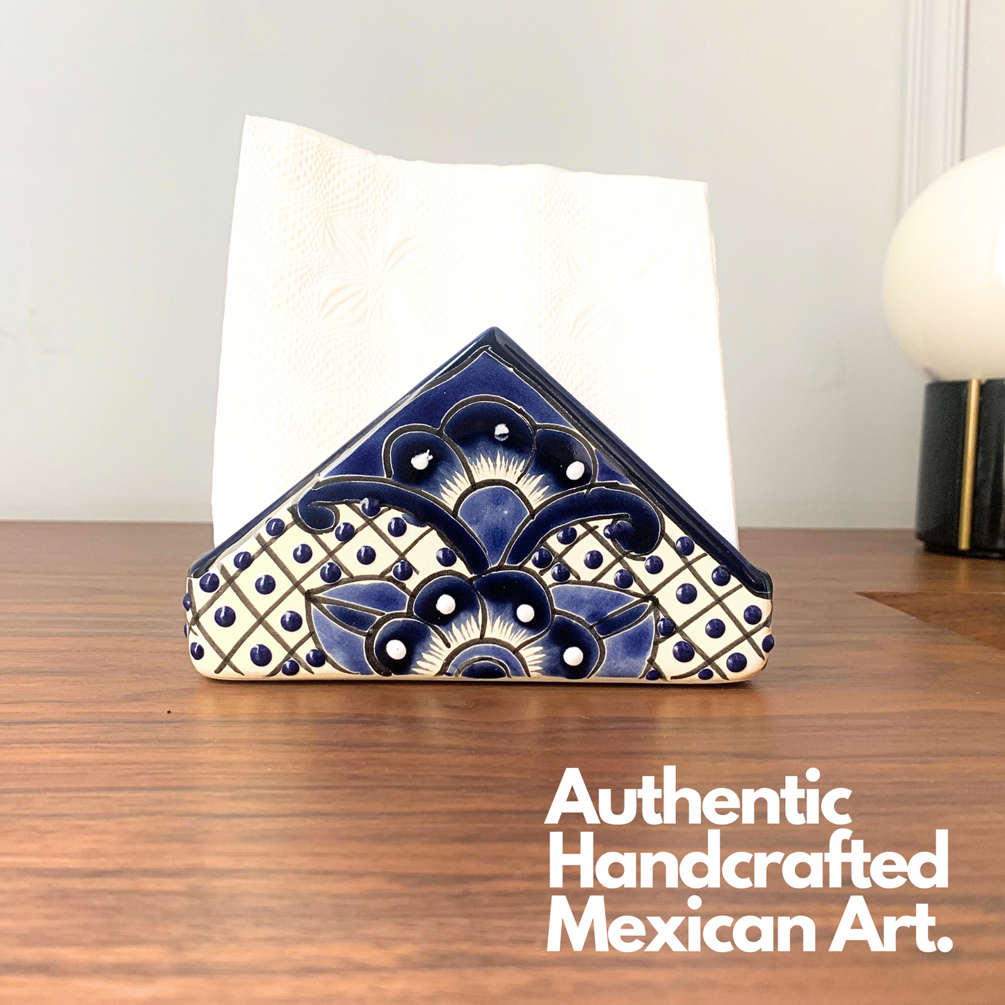 A vibrant, handmade Talavera ceramic napkin holder hand-painted by Mexico's finest artisans, perfect for any kitchen or dining table setting.