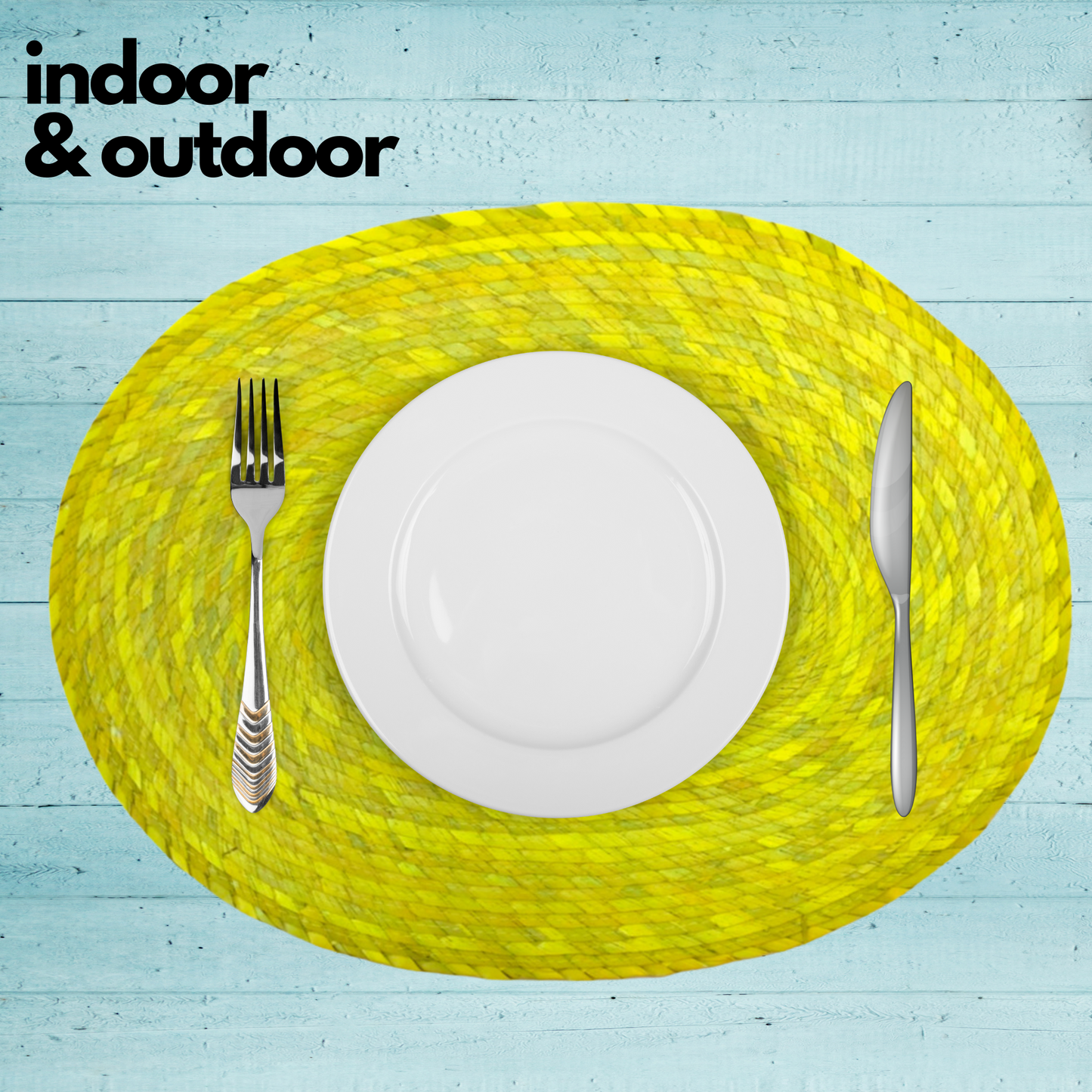 Set of 4 vibrant yellow placemats, handwoven in Mexico from eco-friendly palm leaves, perfect for indoor or outdoor dining.