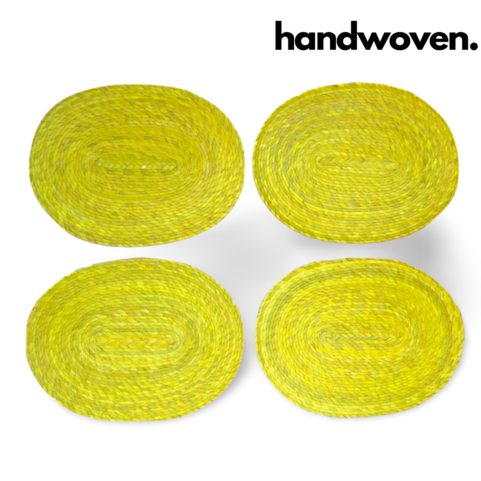 Set of 4 vibrant yellow placemats, handwoven in Mexico from eco-friendly palm leaves, perfect for indoor or outdoor dining.