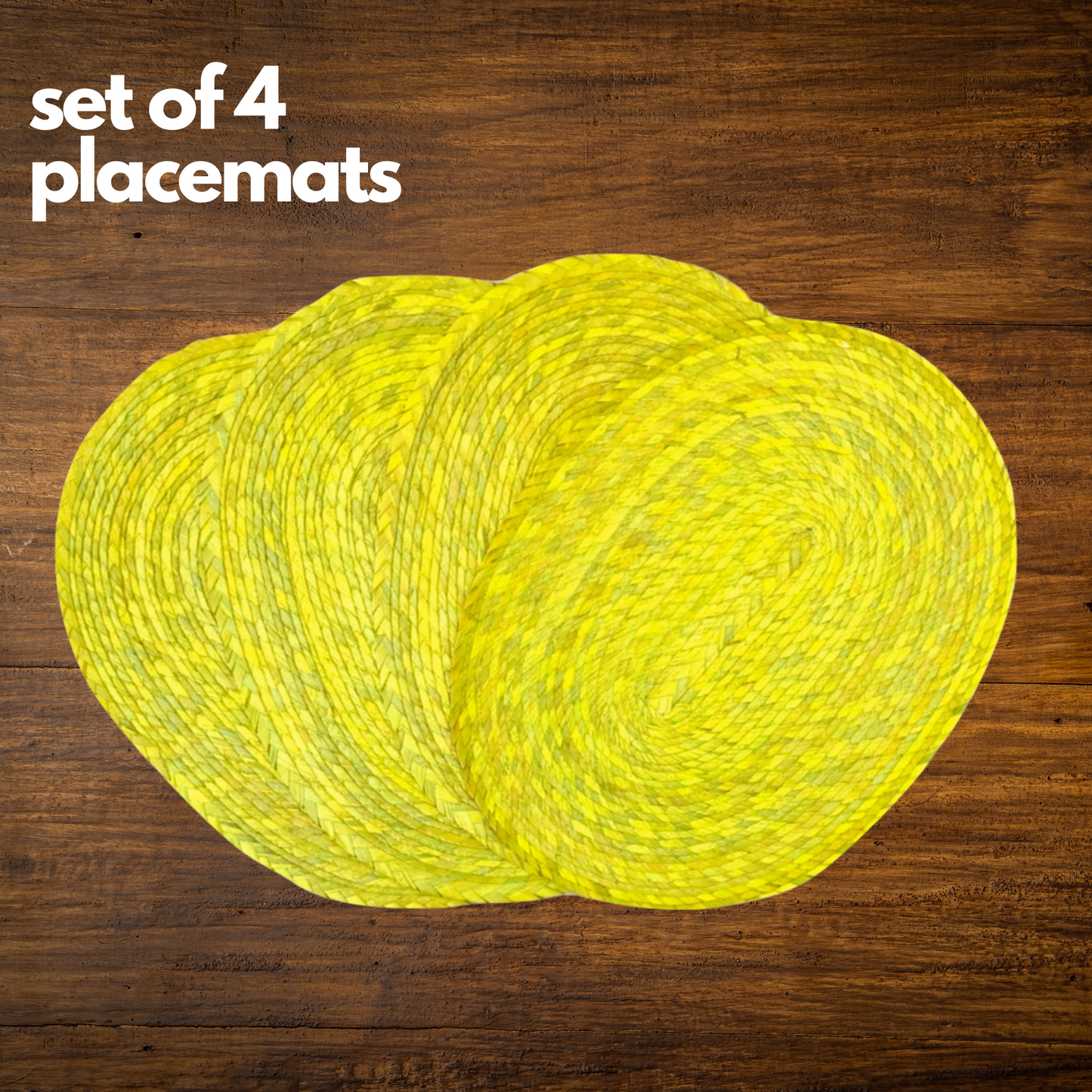 Set of 4 vibrant yellow placemats, handwoven in Mexico from eco-friendly palm leaves, perfect for indoor or outdoor dining.