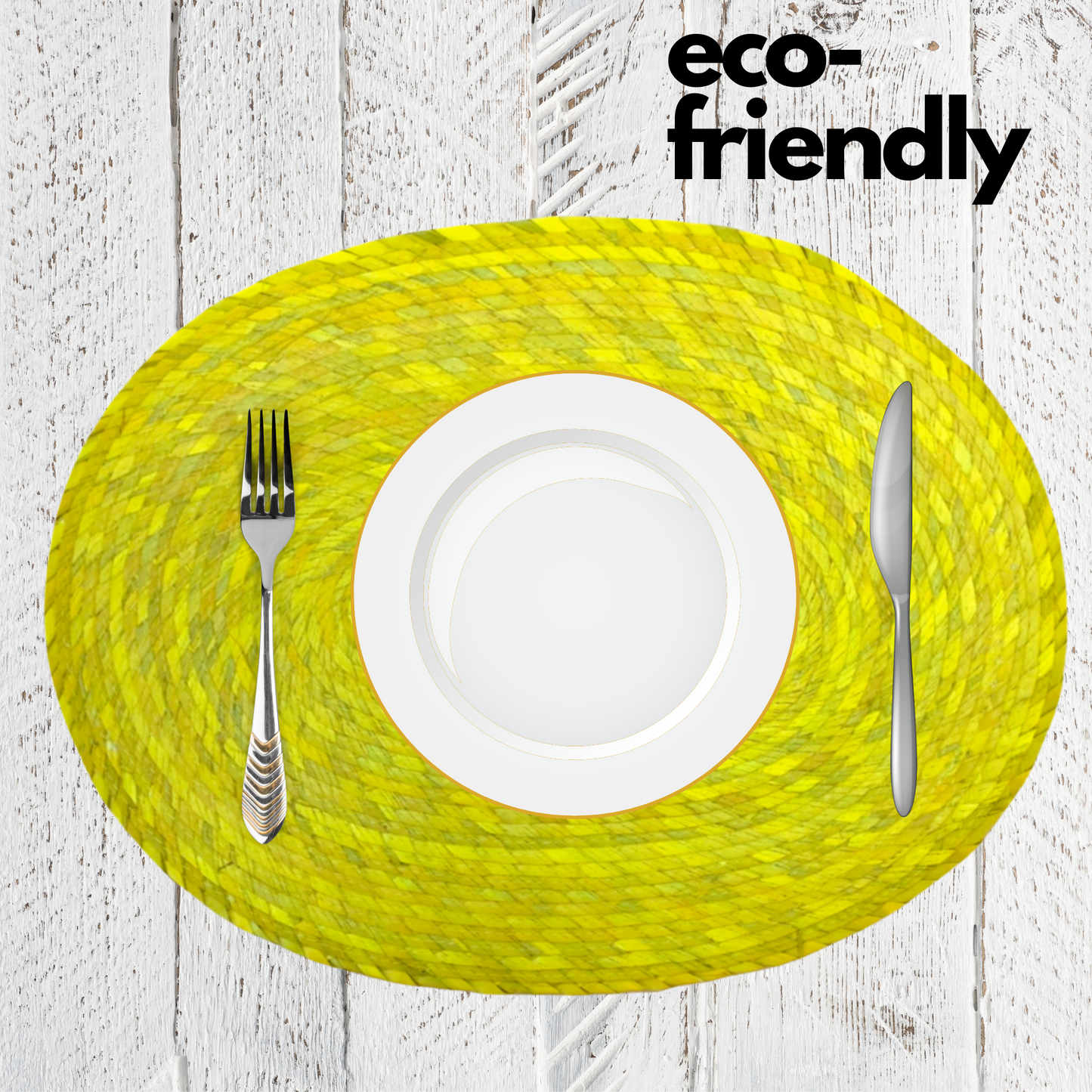 Set of 4 vibrant yellow placemats, handwoven in Mexico from eco-friendly palm leaves, perfect for indoor or outdoor dining.