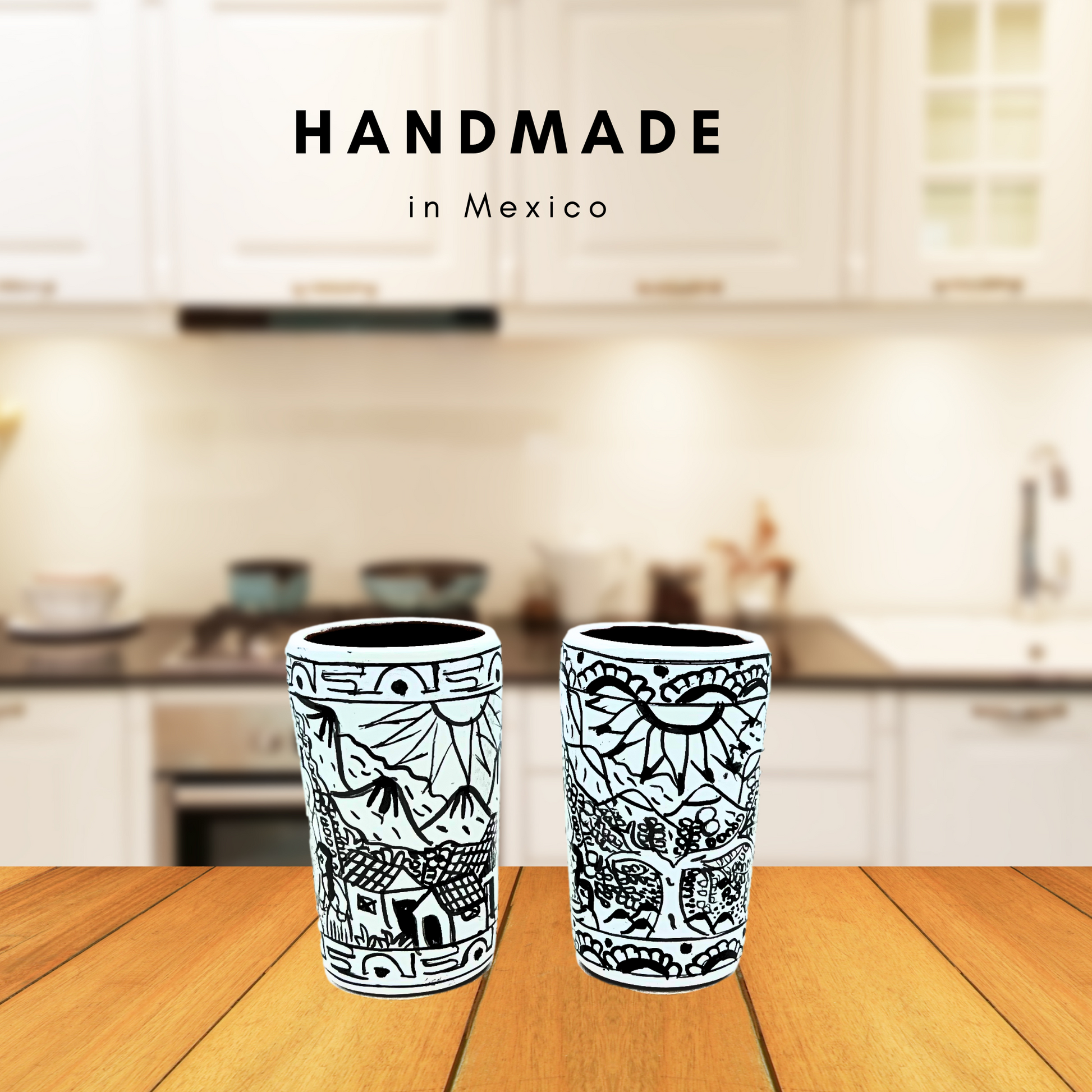 White ceramic shot glasses, individually hand-painted in Mexico, ideal for tequila, mezcal, or other spirits, pack of 2.
