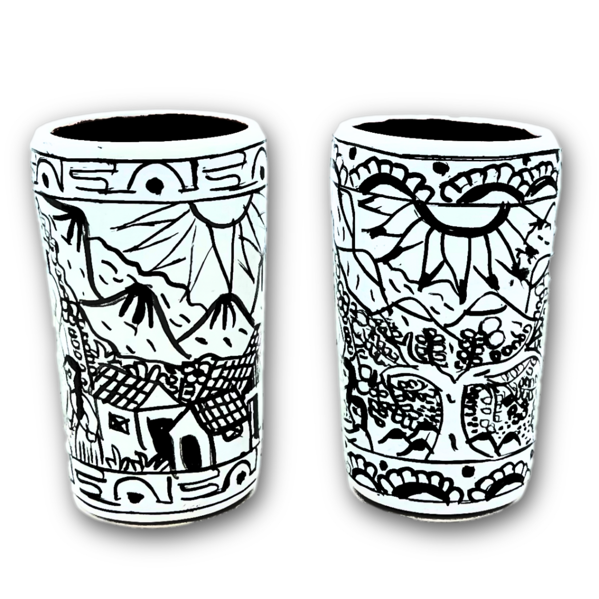 White ceramic shot glasses, individually hand-painted in Mexico, ideal for tequila, mezcal, or other spirits, pack of 2.