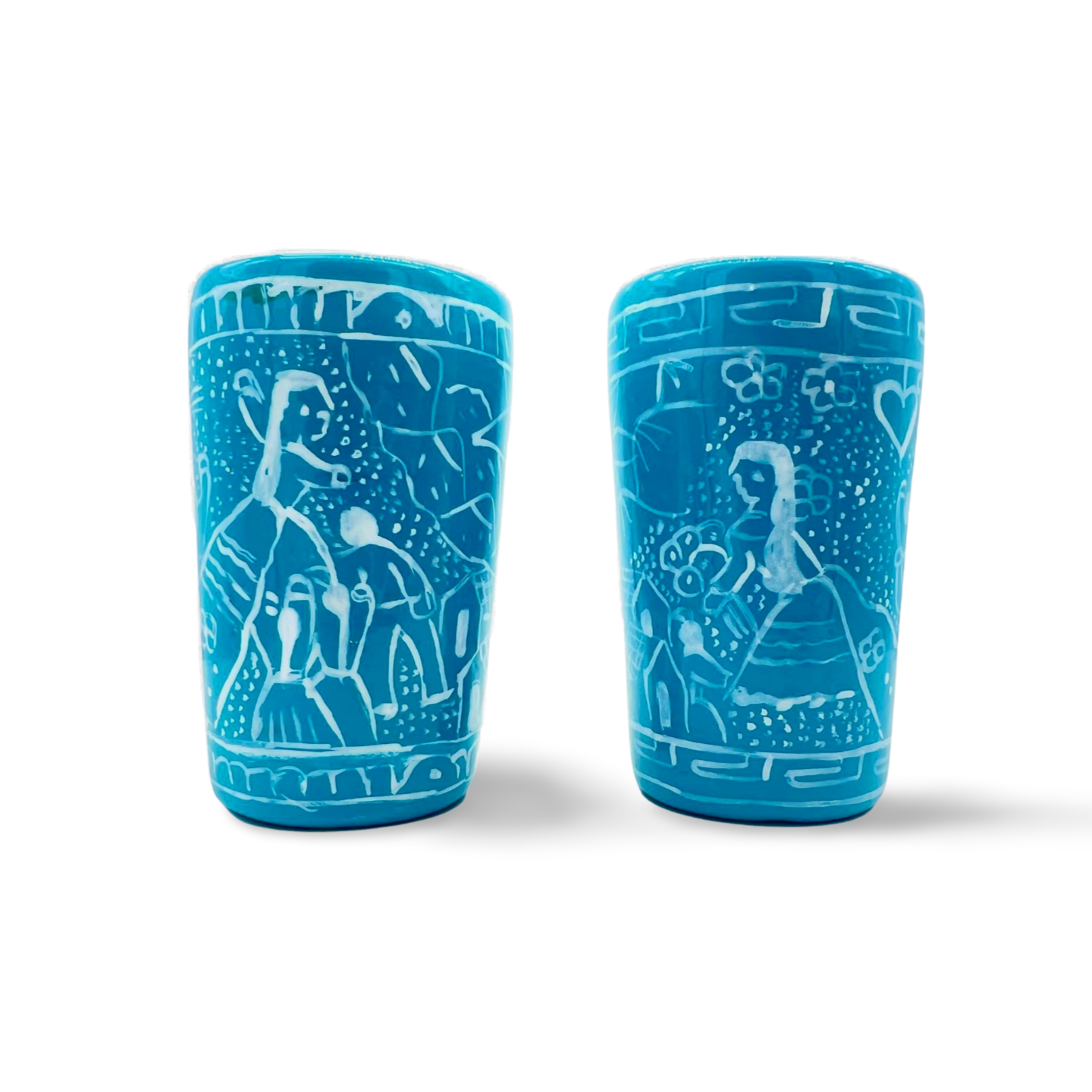 Turquoise ceramic shot glasses, individually hand-painted in Mexico, perfect for tequila, mezcal, or other spirits, pack of 2.