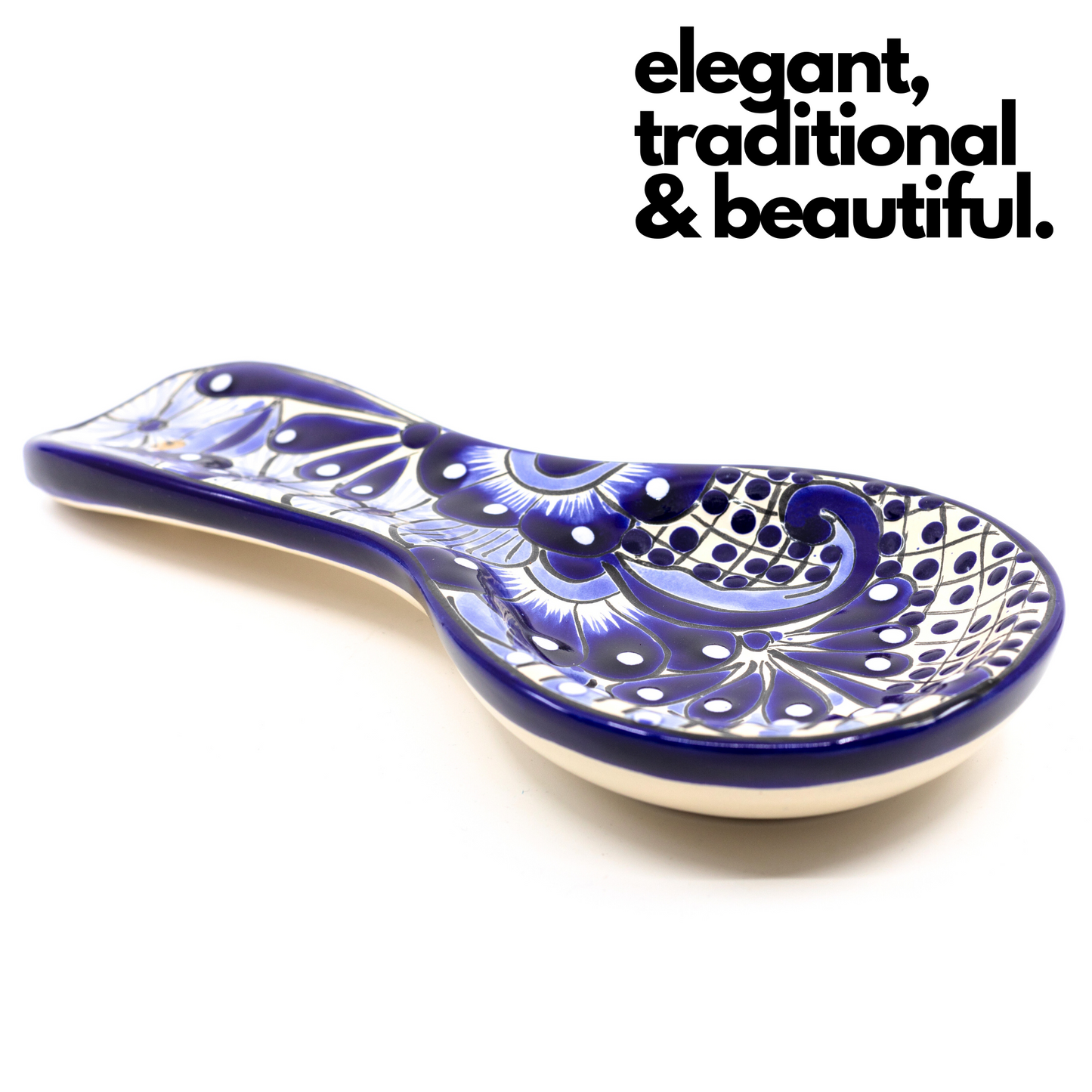 Charming blue & white Mexican handmade spoon rest, featuring handpainted folk art, made in Mexico as a unique porta cucharas spoon holder