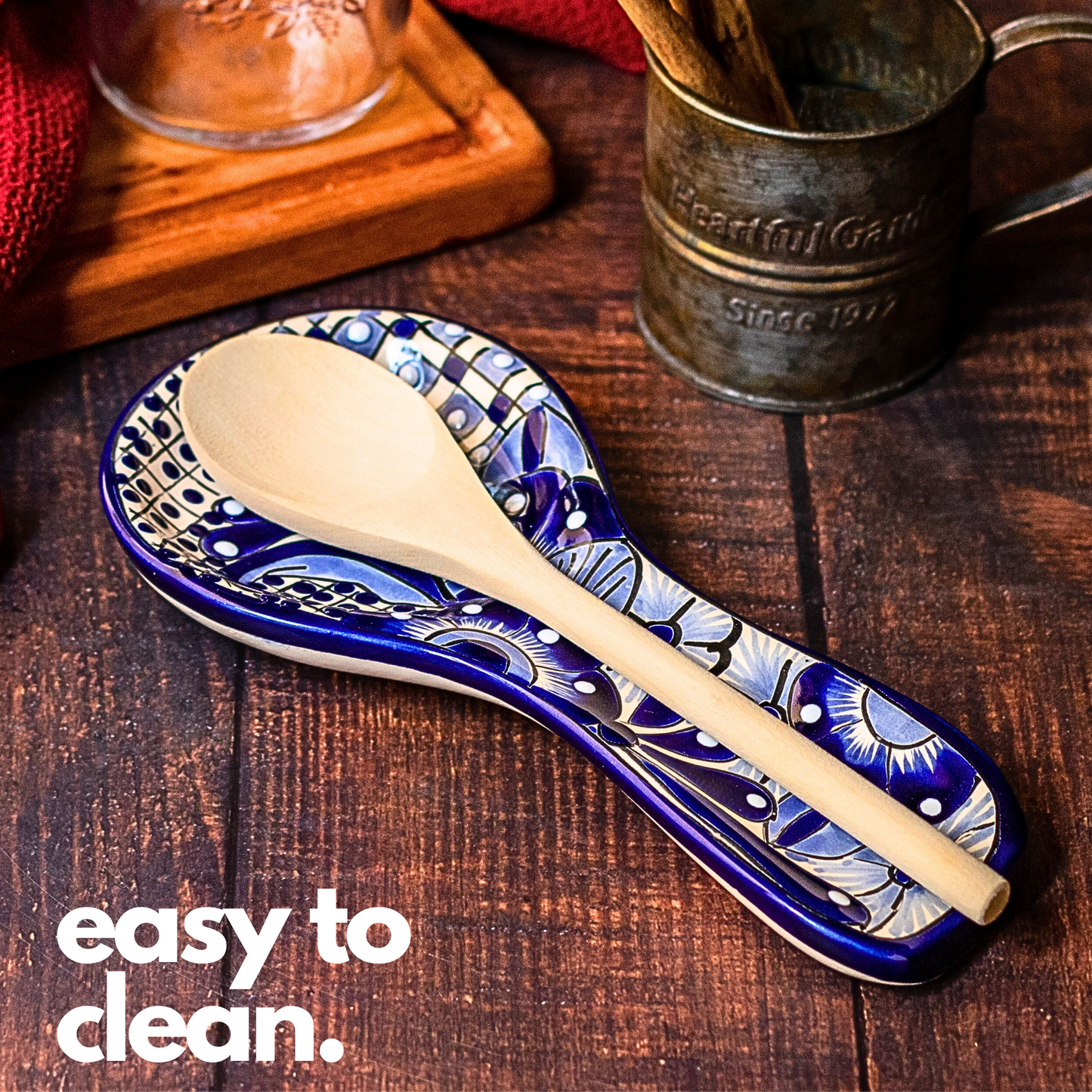 Charming blue & white Mexican handmade spoon rest, featuring handpainted folk art, made in Mexico as a unique porta cucharas spoon holder