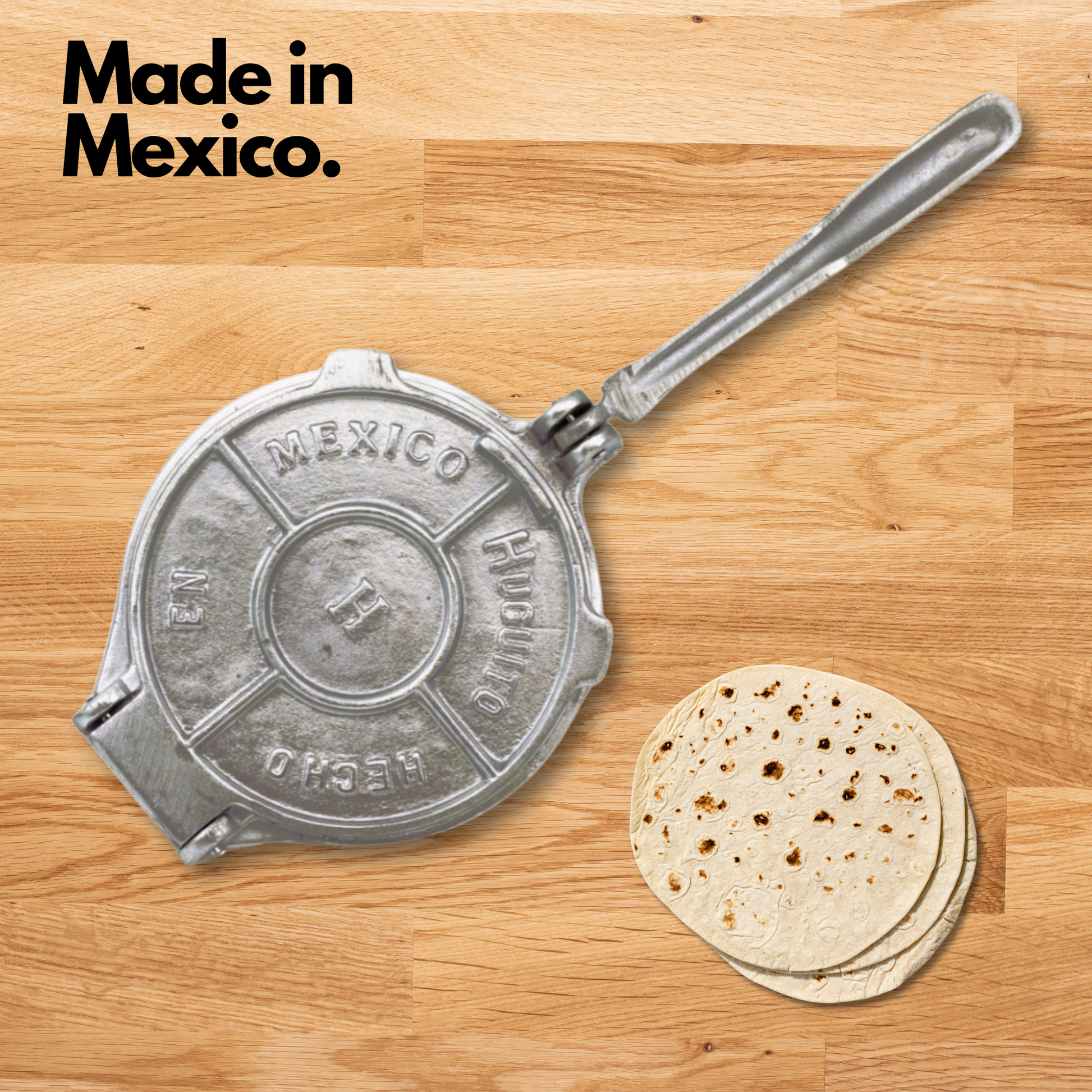 Authentic Mexican 7" Tortilla Press hand-casted in heavyweight aluminum for easy and even pressing.