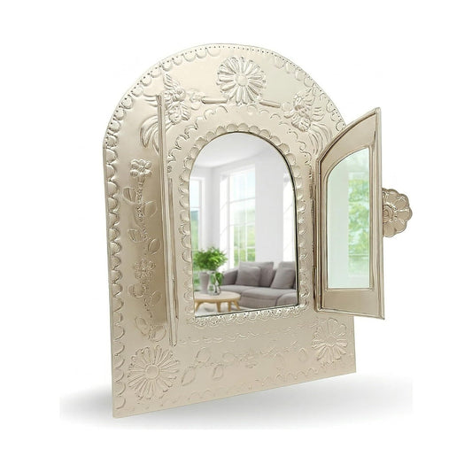Golden Mexican Tin Mirror with Doors — front view