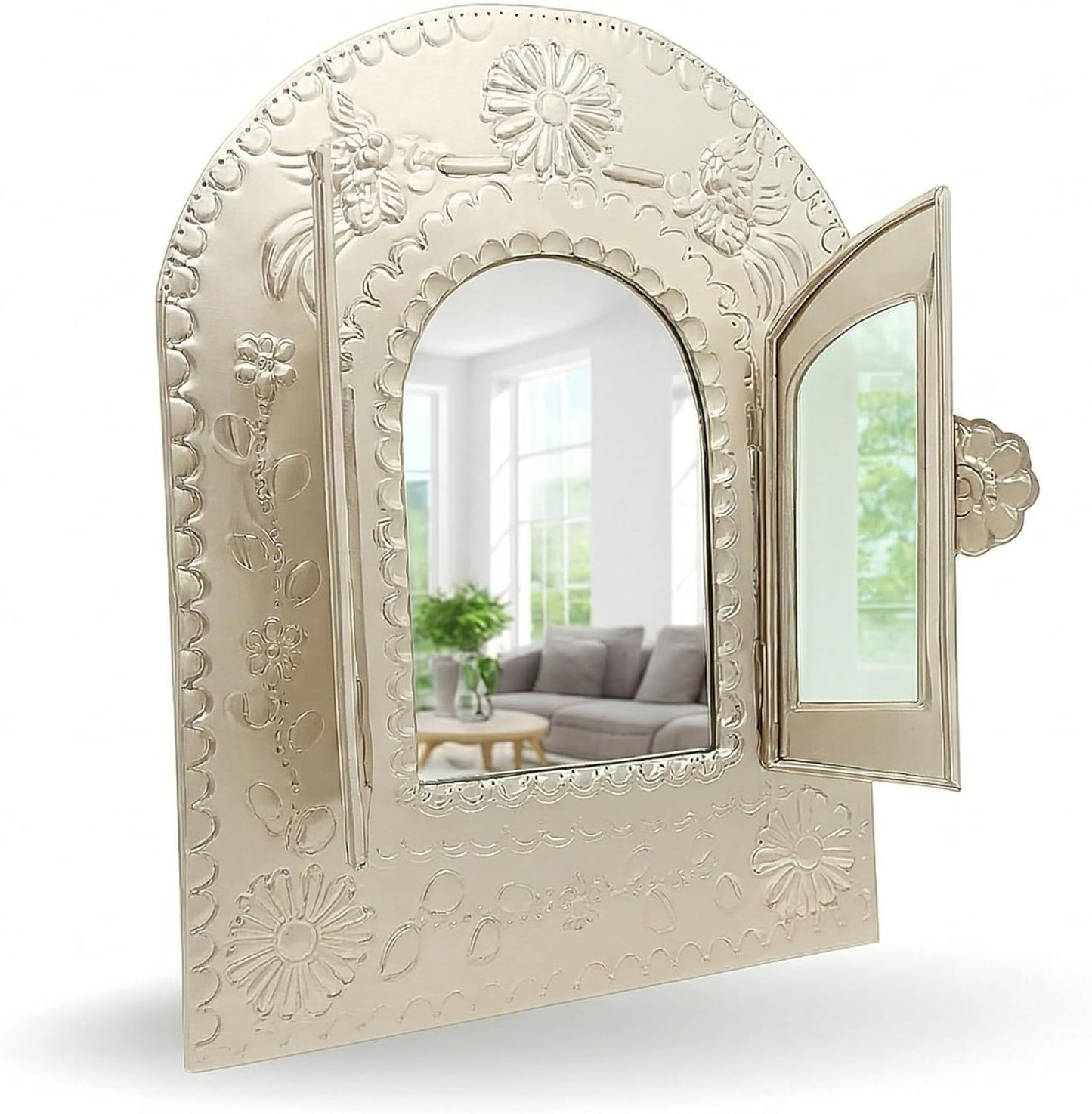 Golden Mexican Tin Mirror with Doors — front view