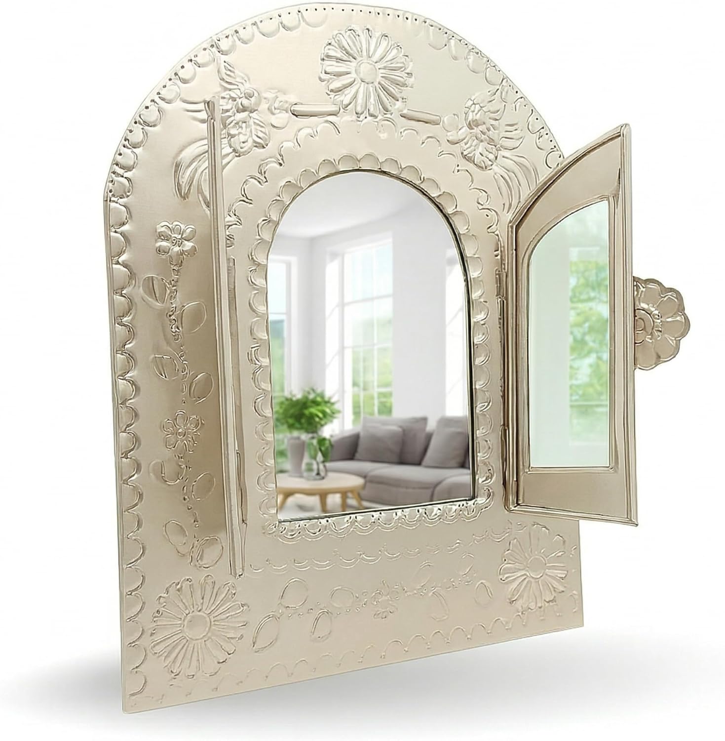 Golden Mexican Tin Mirror with Doors — front view