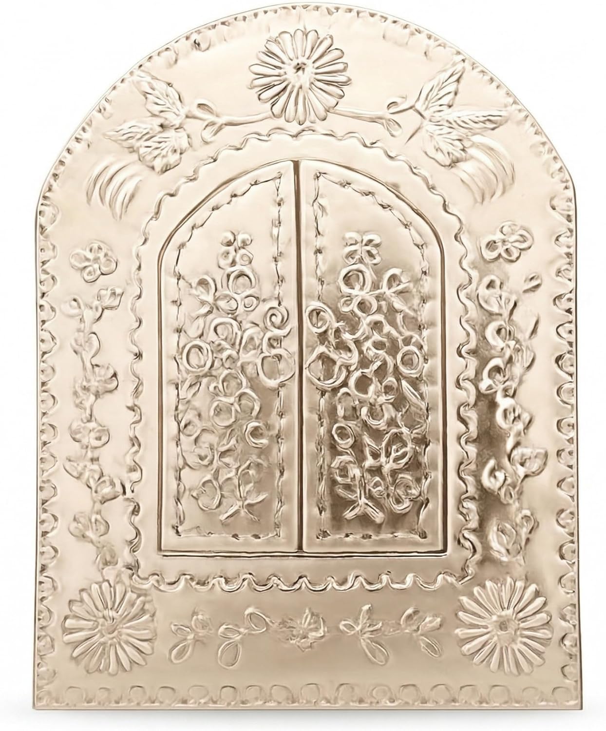 Golden Mexican Tin Mirror with Doors — detail of the hand-painted pattern