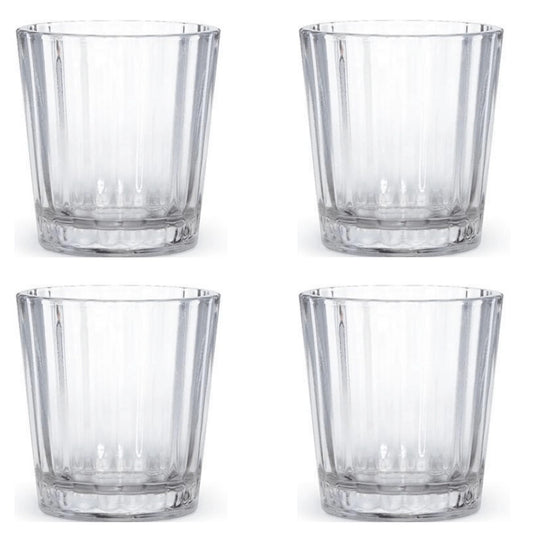 A set of 4 Mexican Vaso Veladoras shot glasses, lead-free, with a unique cross symbol at the base, perfect for serving Mezcal, Tequila, and Sangrita.