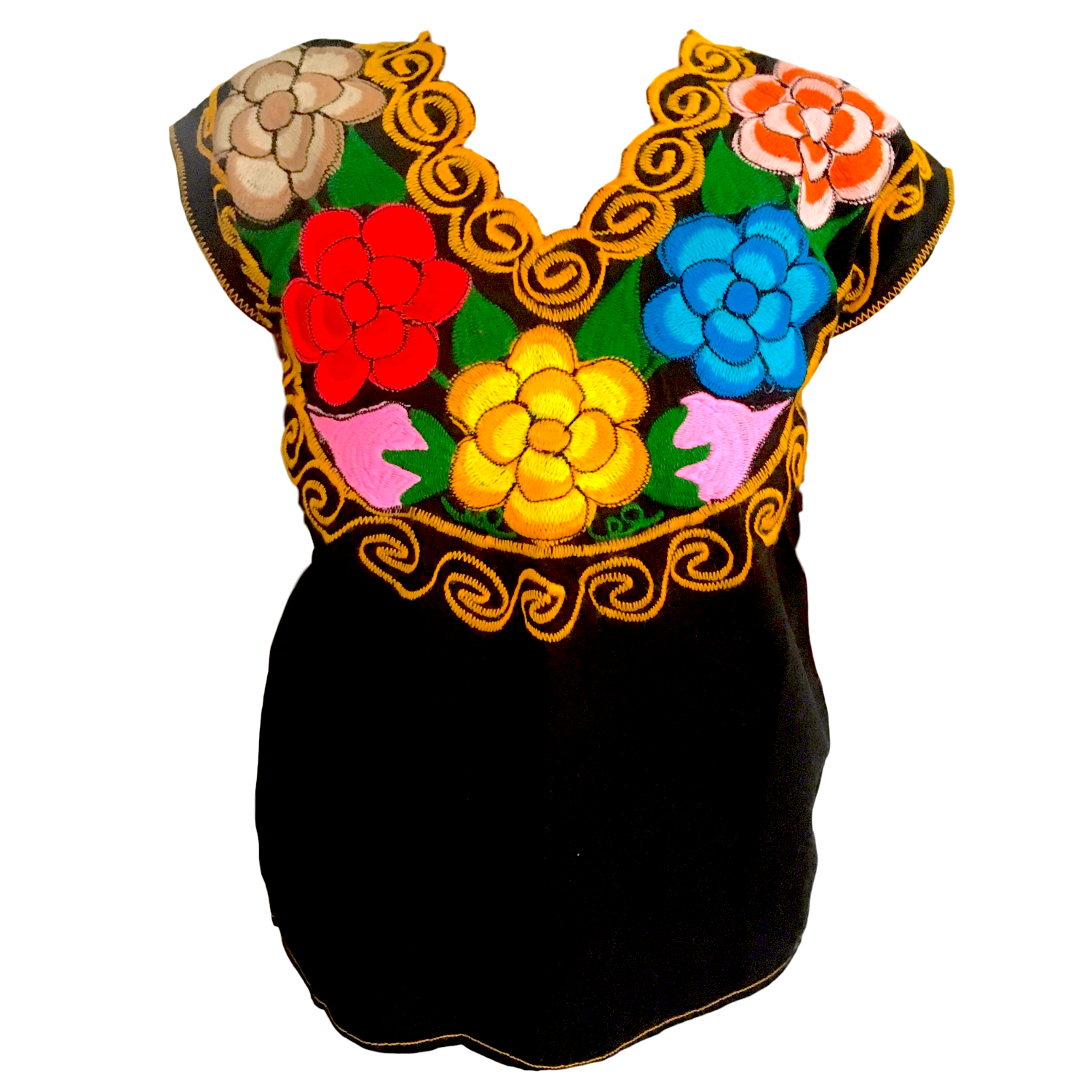 Black Mexican Blouse with Colorful Flowers