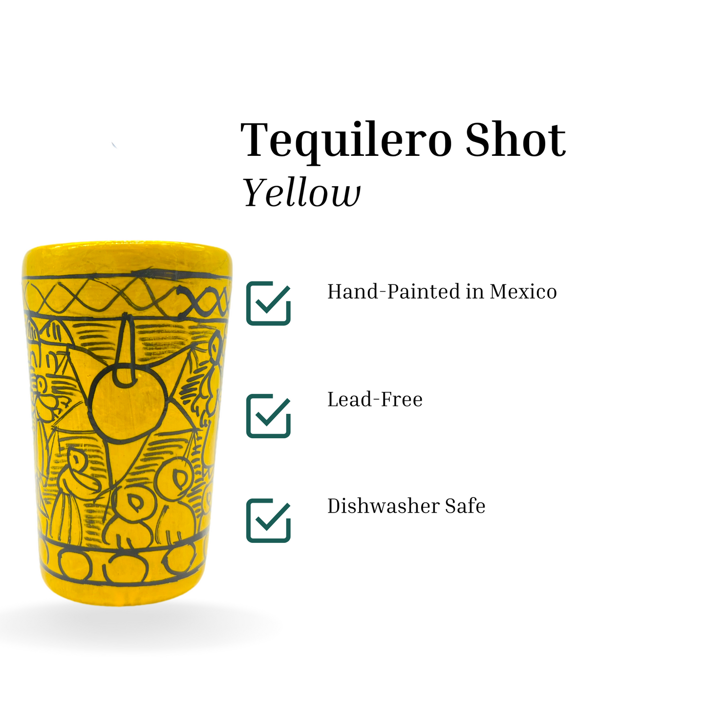 Yellow ceramic shot glasses, individually hand-painted in Mexico, perfect for tequila, mezcal, or other spirits, pack of 2.